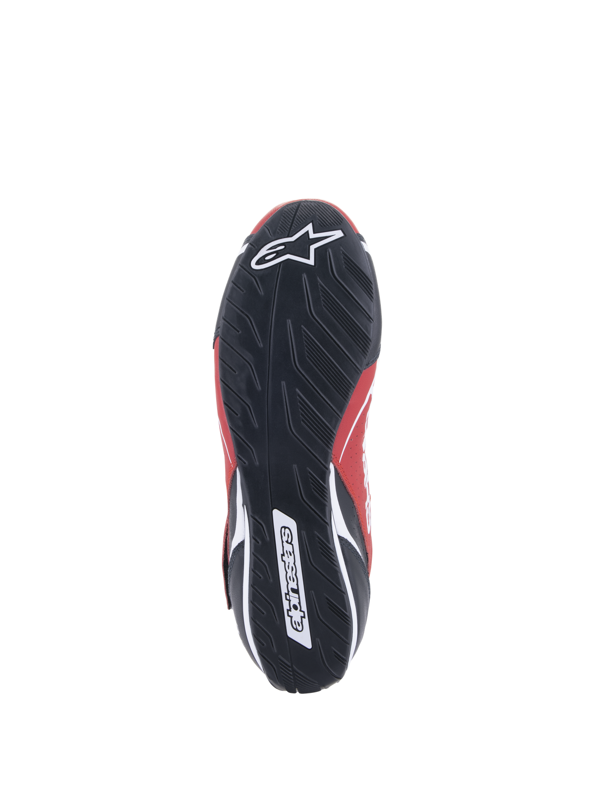 Alpinestars Tech-1 T V3-skor FIA, racingskor, röd, svart och vit, vy underifrån av den svarta gummisulan med ett asymmetriskt däckmönster och vit Alpinestars-logotyp