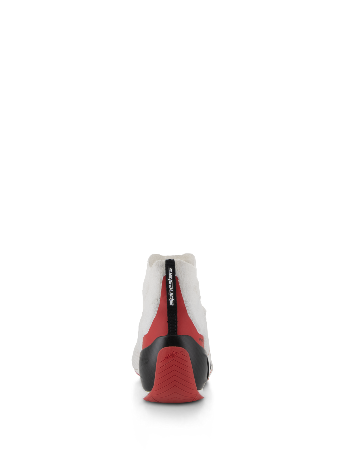 Alpinestars Supertech Shoes, Rear view of white racing shoe with red and black accents, featuring a thermo-formed carbon heel cup and white knitted upper, professional motorsport footwear designed for driver comfort and stability