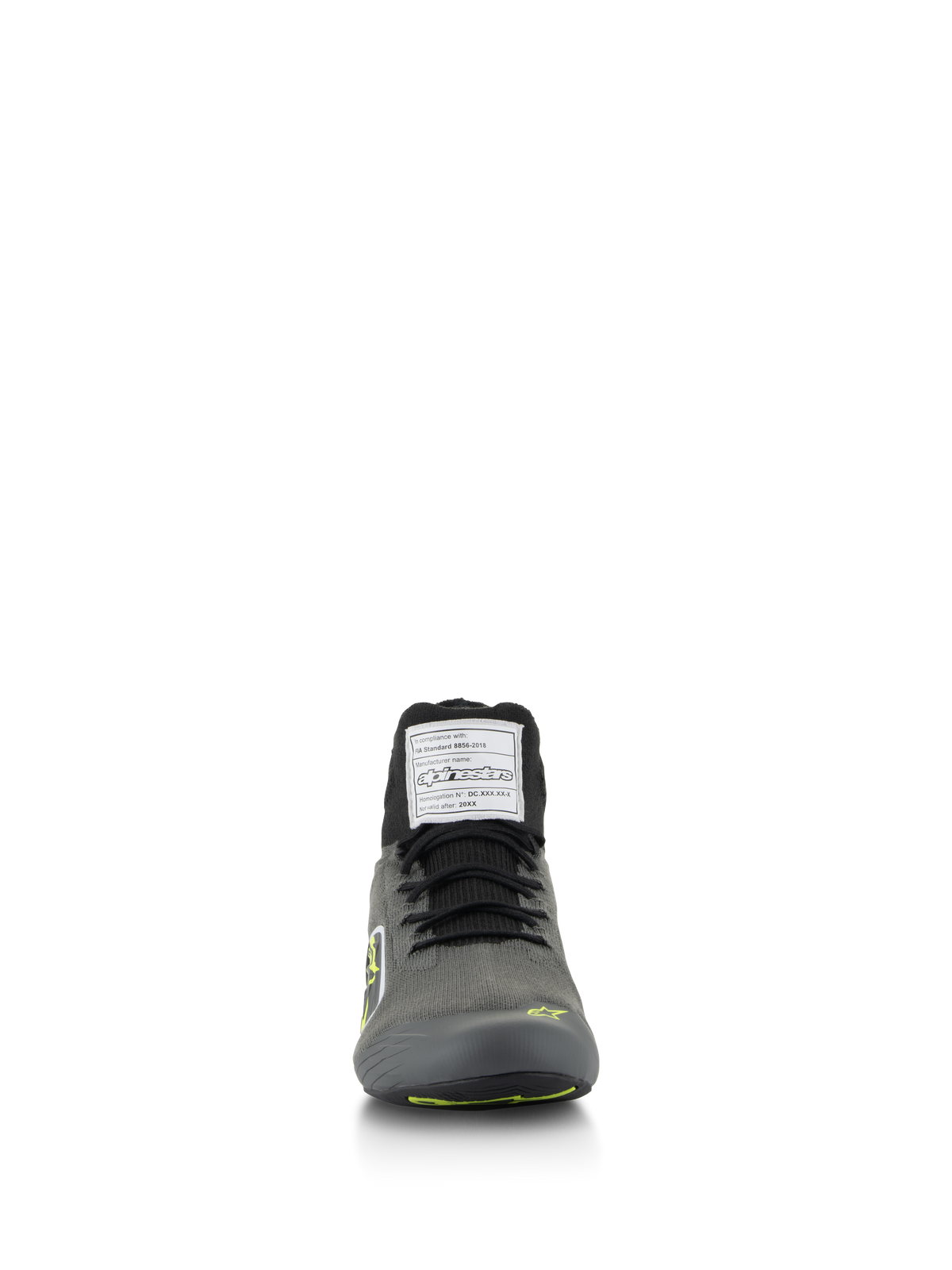 Alpinestars Supertech Shoes, Auto Racing Shoes, Cool Gray with Black and Yellow Fluo, front view featuring knitted upper and FIA certification label on the tongue