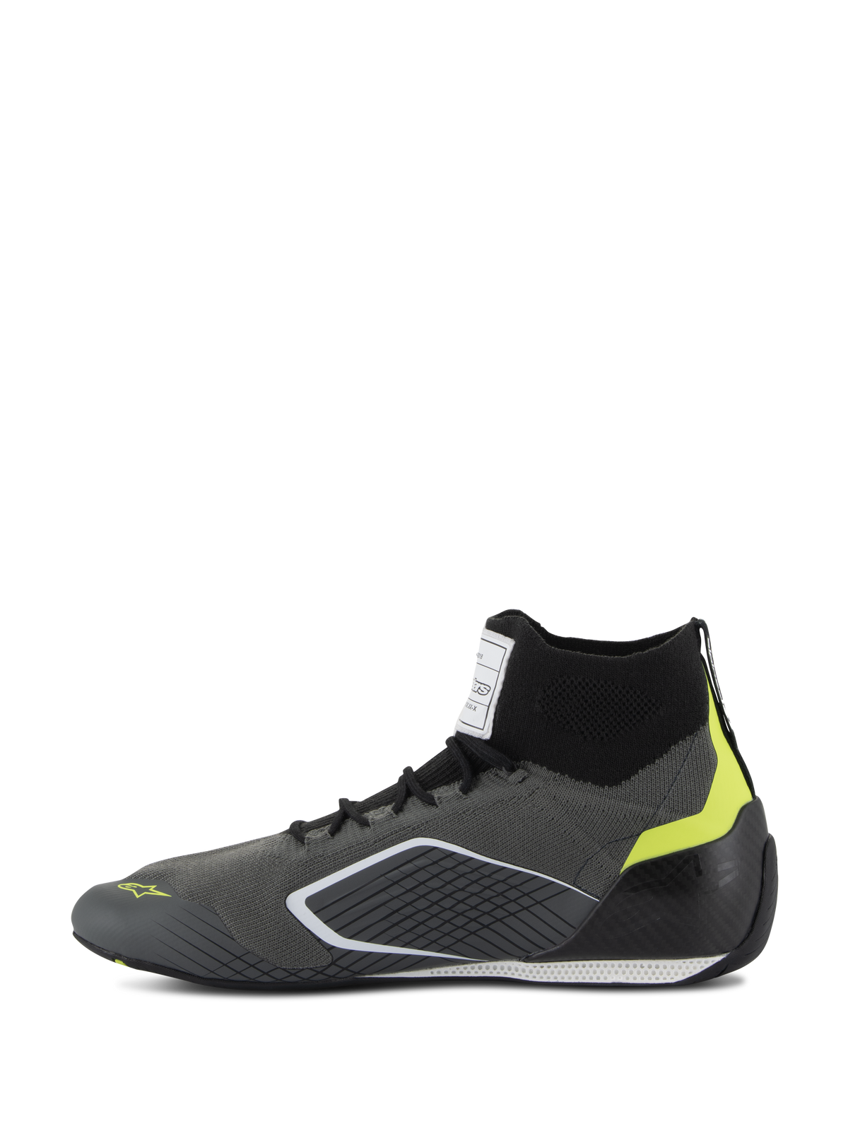 Alpinestars Supertech Shoes - FIA/SFI, Auto Racing Shoes, Gray and Black with Fluo Yellow accents, Side profile view, featuring a knitted aramid upper and carbon fiber heel cup, professional motorsport footwear