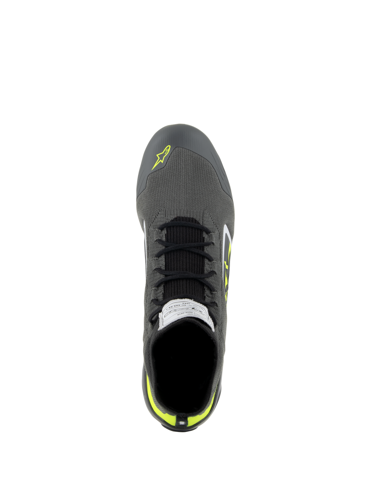 Alpinestars Supertech Shoes, Auto Racing Shoes, Cool Gray Black and Yellow Fluo, top-down view showing knitted upper, black laces, and FIA certification label on the tongue, professional driving footwear