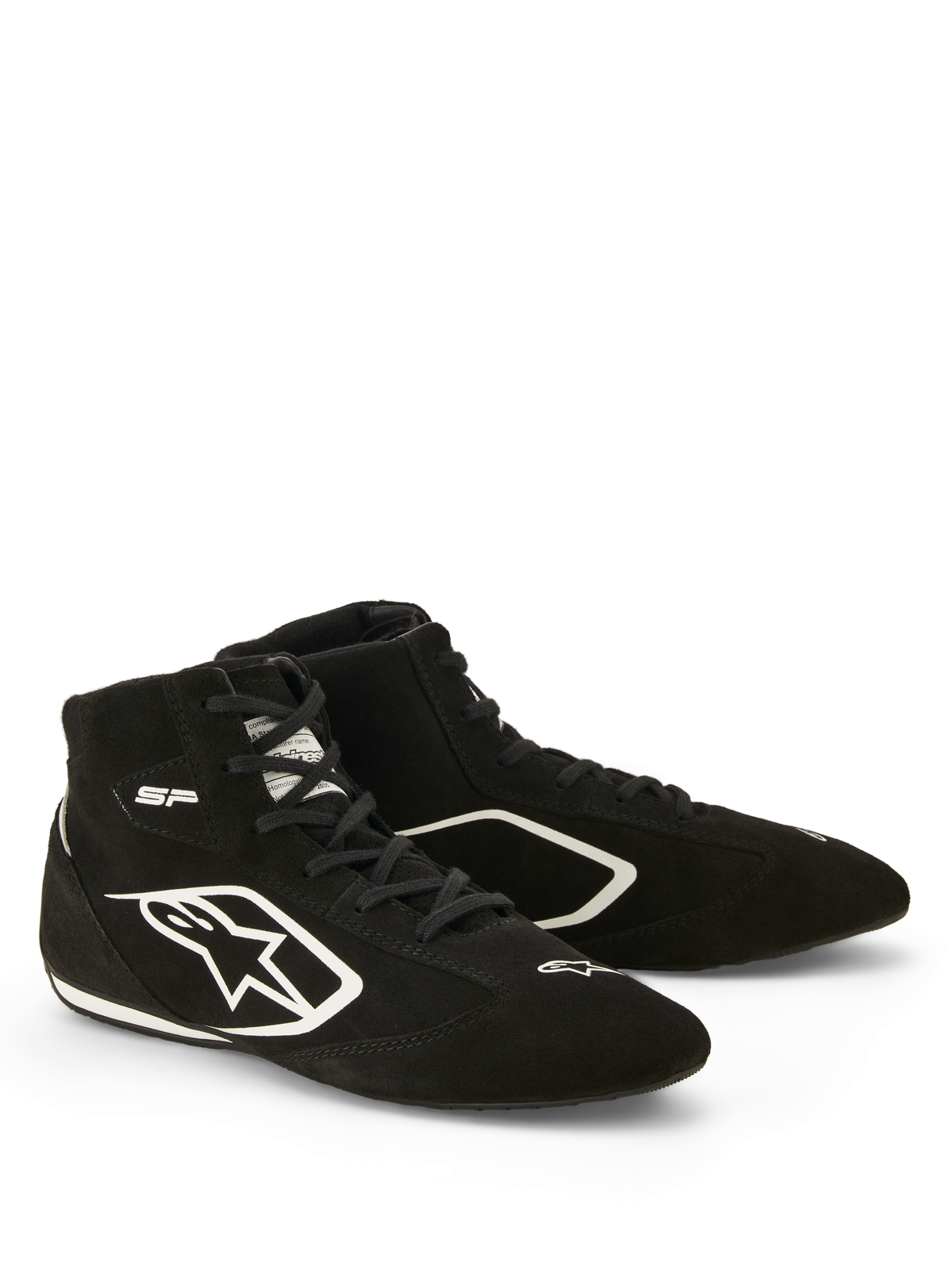 Alpinestars SP V3-skor FIA, racing-skor, svarta och vita, premium mockakonstruktion, med vit Alpinestars-logotyp på sidan och tunn racing-specifik sula för förbättrad pedalkänsla