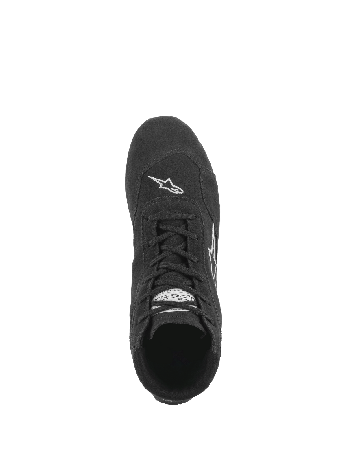 Alpinestars SP V2 Shoes, Auto Racing Shoes, Black, top-down view showing the asymmetric lacing system, premium suede construction, and white Astars logo branding on the toe