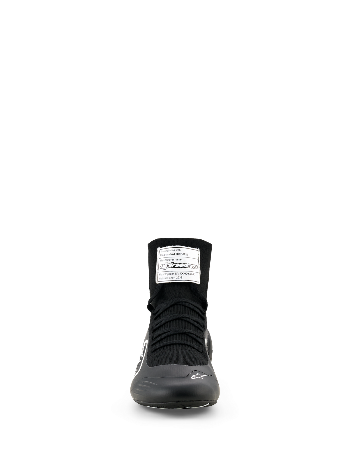 Alpinestars Supertech K Shoes - FIA, Karting Shoes, Black and White, Front view featuring a high-top knitted upper, black laces, and an FIA homologation label on the tongue.