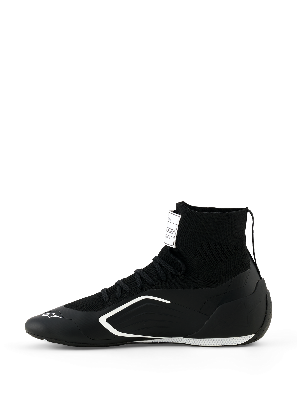 Alpinestars Supertech K Shoes - FIA, Karting Shoes, Black and White, side profile view, featuring a fully knitted high-top construction, white angular side graphics, and white logo on the toe, technical racing footwear