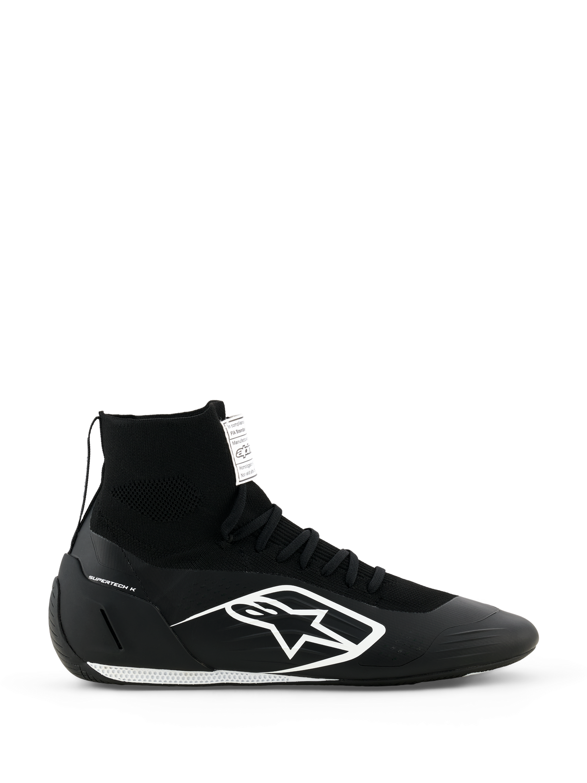 Alpinestars Supertech K Shoes FIA, Black Karting Racing Shoes, High-Top Knitted Design with White Logo, Sock-Like Ankle Collar, White Textured Sole, FIA Certified