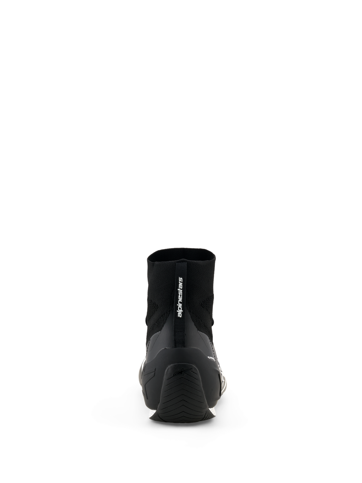 Alpinestars Supertech K Shoes - FIA, Karting Shoes, Black, rear view showing knitted upper construction and TPU heel counter, Alpinestars branding on heel pull tab, professional motorsport footwear
