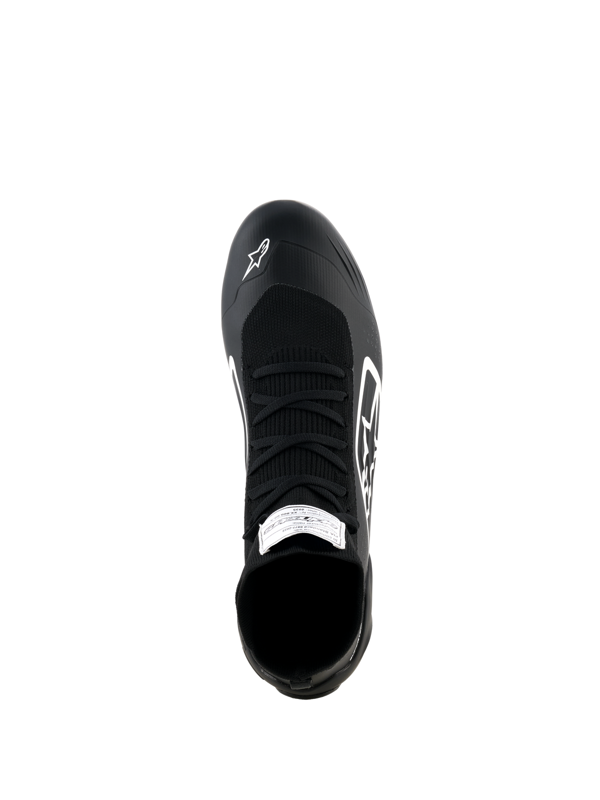 Alpinestars Supertech K Shoes, Karting Shoes, Black and White, top-down view featuring a fully knitted upper with black laces, white Alpinestars logo on the toe, and FIA certification label on the tongue