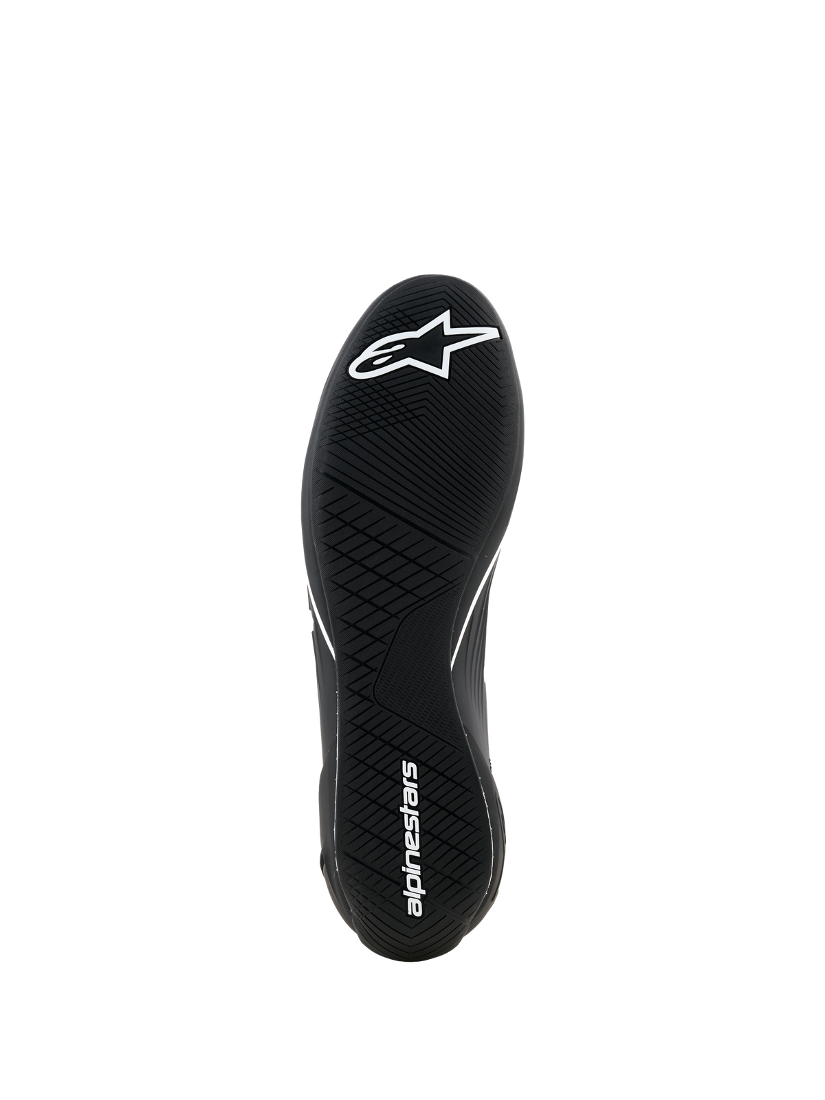 Alpinestars Supertech K Shoes - FIA, Karting Shoes, Black, bottom view showing the ultra-thin rubber outsole with asymmetric tread, white star logo on the forefoot and white brand name on the heel, engineered for maximum pedal feel.