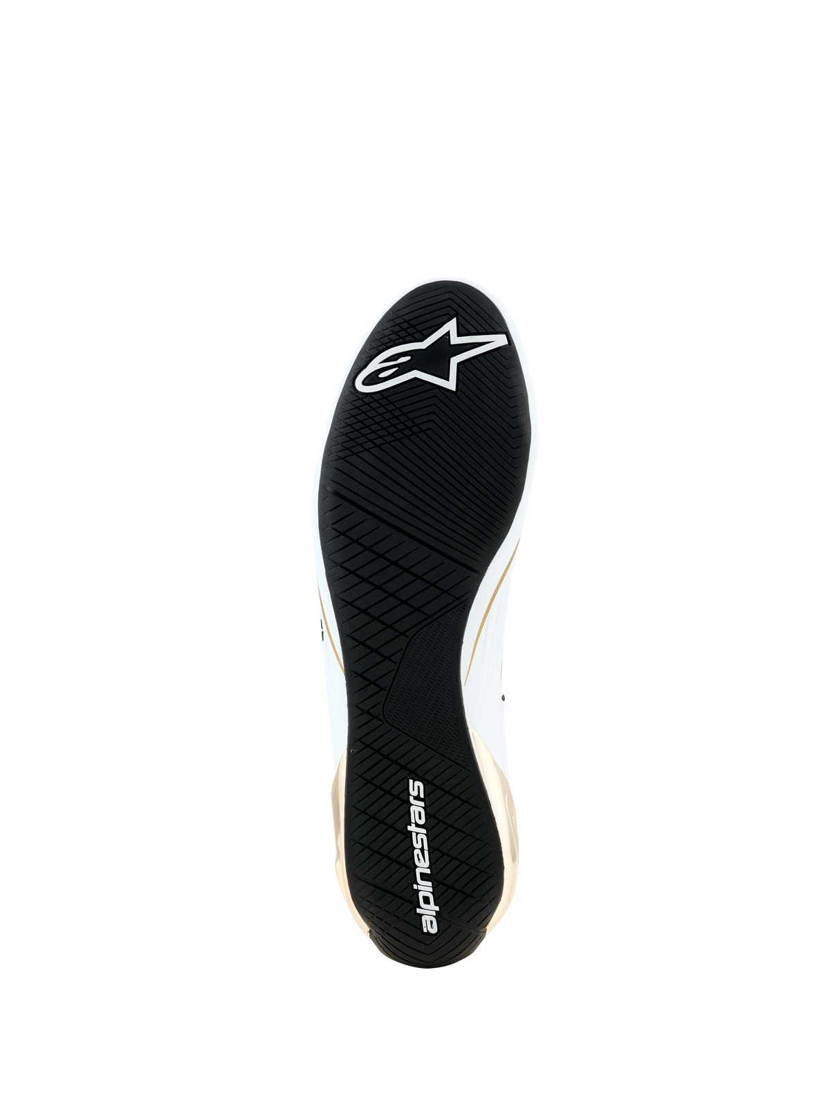 Alpinestars Supertech K-skor - FIA, vy underifrån som visar den svarta ultratunna gummiyttersulan, asymmetriskt mönster för grepp, vit Alpinestars-logotyp och ordmärke, guld- och vita sidodetaljer, specialiserade kartingskor