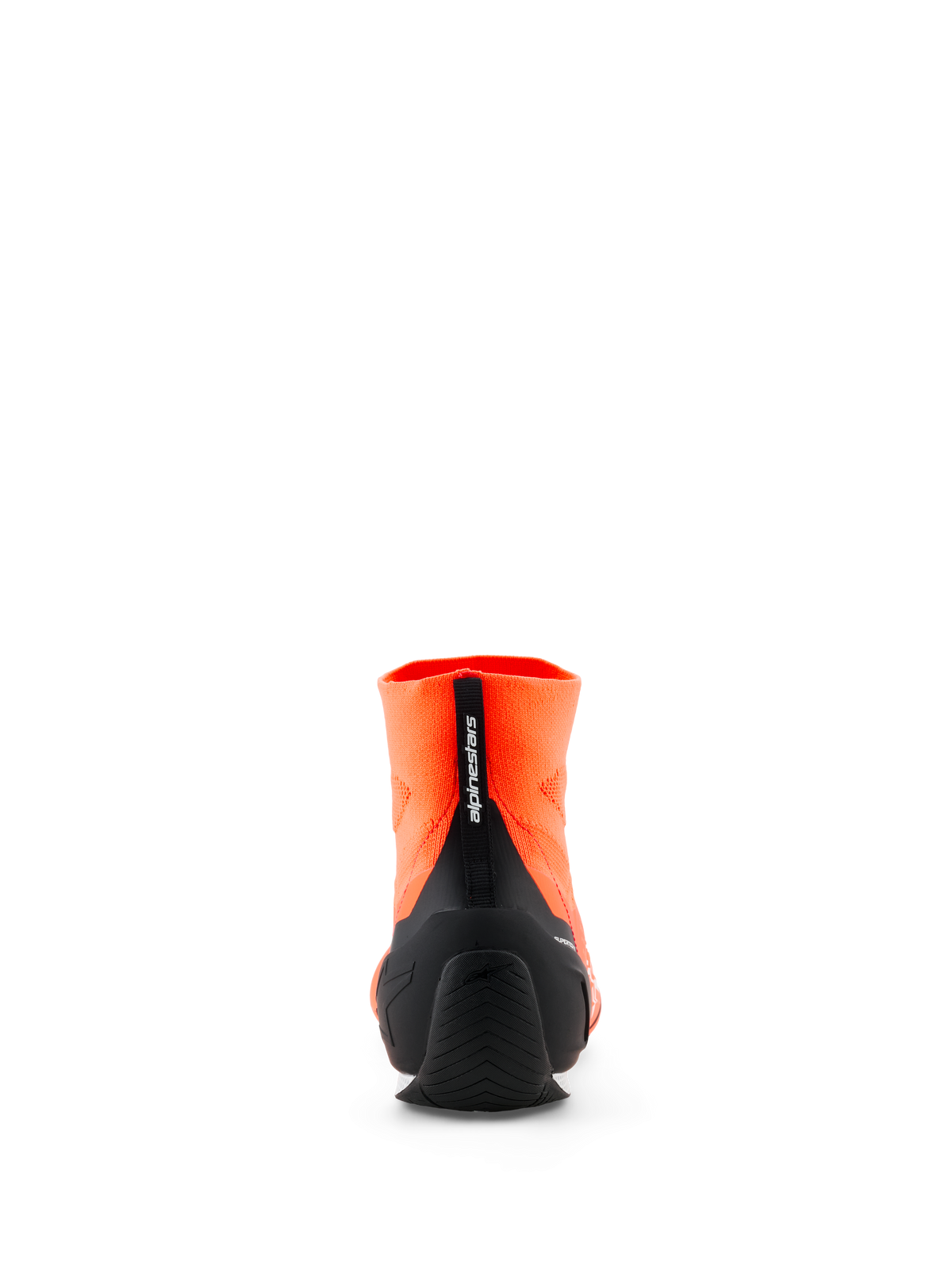 Alpinestars Supertech K-skor - FIA, kartingskor, orange fluo och svart, vy bakifrån som visar den stickade ovandelen, svart insprutad TPU-hälkappa och vertikal dragflik med Alpinestars-märkning, professionella motorsportskor.