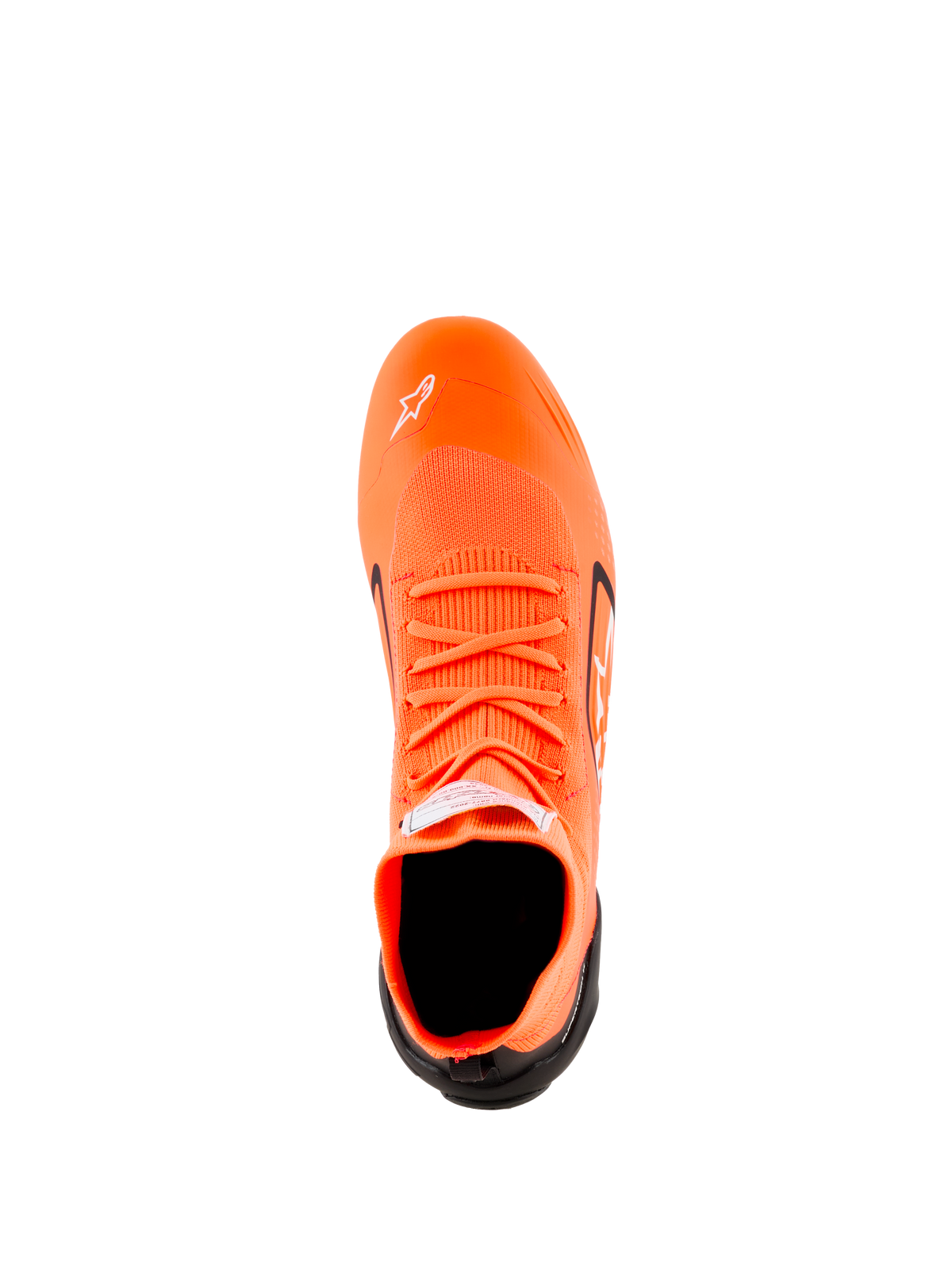 Alpinestars Supertech K-skor - FIA, kartingskor, orange fluo, svart och vit, vy uppifrån som visar den stickade ovandelskonstruktionen, orange skosnören, vit Astars-logotyp på tån och svart hälkappa