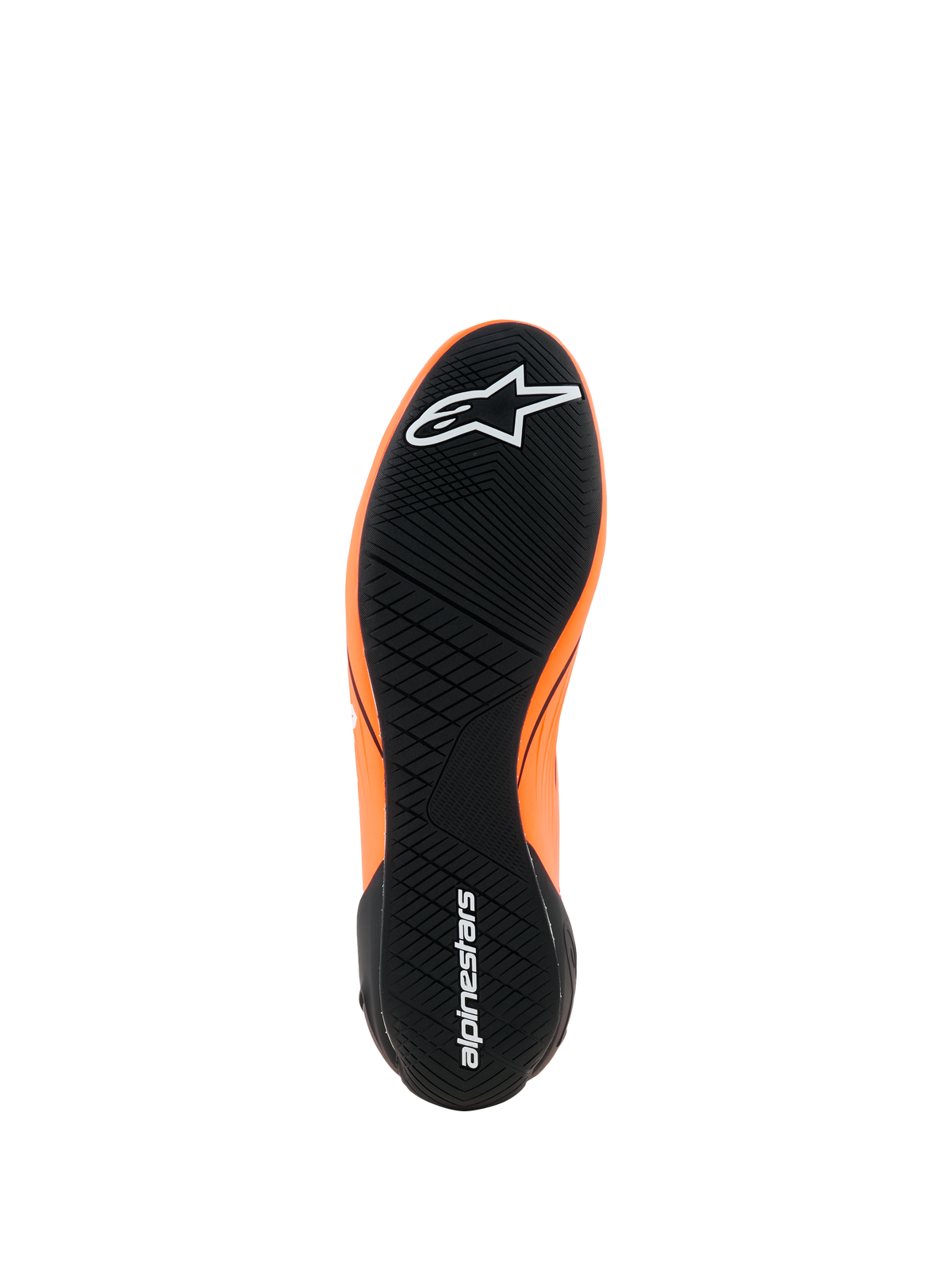 Alpinestars Supertech K-skor - FIA, kartingskor, orange fluo, svart och vit, vy av den svarta gummiyttersulan med asymmetriskt mönster, vita Alpinestars-logotyper på tån och hälen, ultratunn prestandasula
