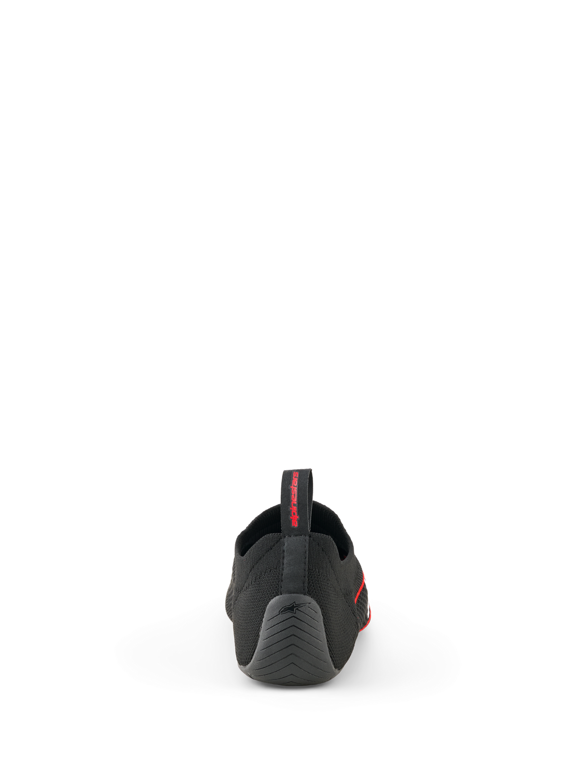 Alpinestars Tech Gaming Shoes, svarta, vy bakifrån som visar den sömlösa stickade ovandelen, texturerad gummiklack med stjärnlogotyp och bakre dragflik med röd logotyp, SIM-racing-skor