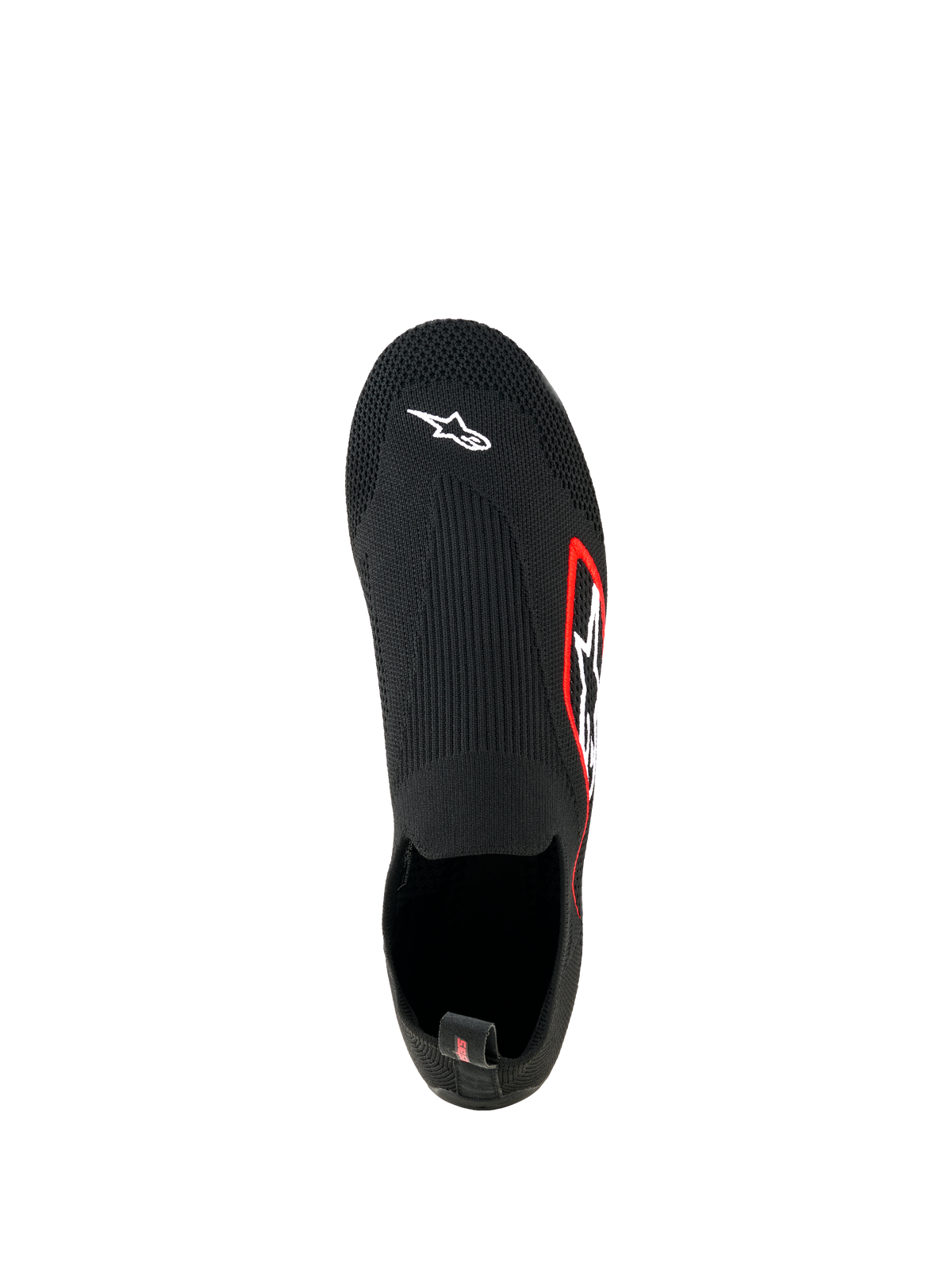 Alpinestars Tech Gaming Shoes, sim-racingskor, svarta, vy uppifrån, sömlös stickad stretchöverdel med vit Astar-logotyp på tån, logotyp med röd kant på sidan, lätt strumpliknande design