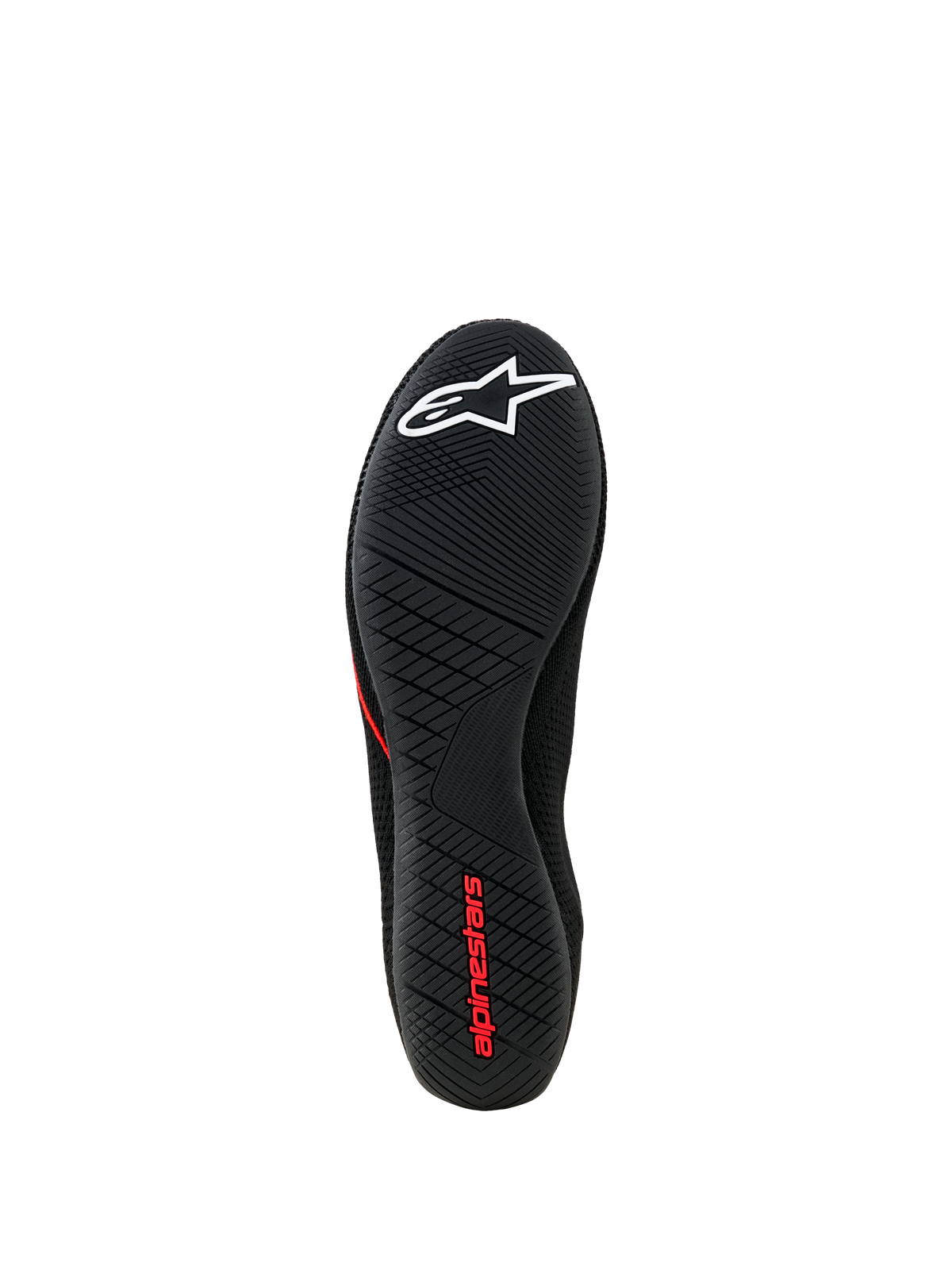 Alpinestars Tech Gaming-skor, vy av yttersulan, svart ultratunn gummisula med texturerat greppmönster, vit stjärnlogotyp och röd Alpinestars-logotyp, SIM-racingskor