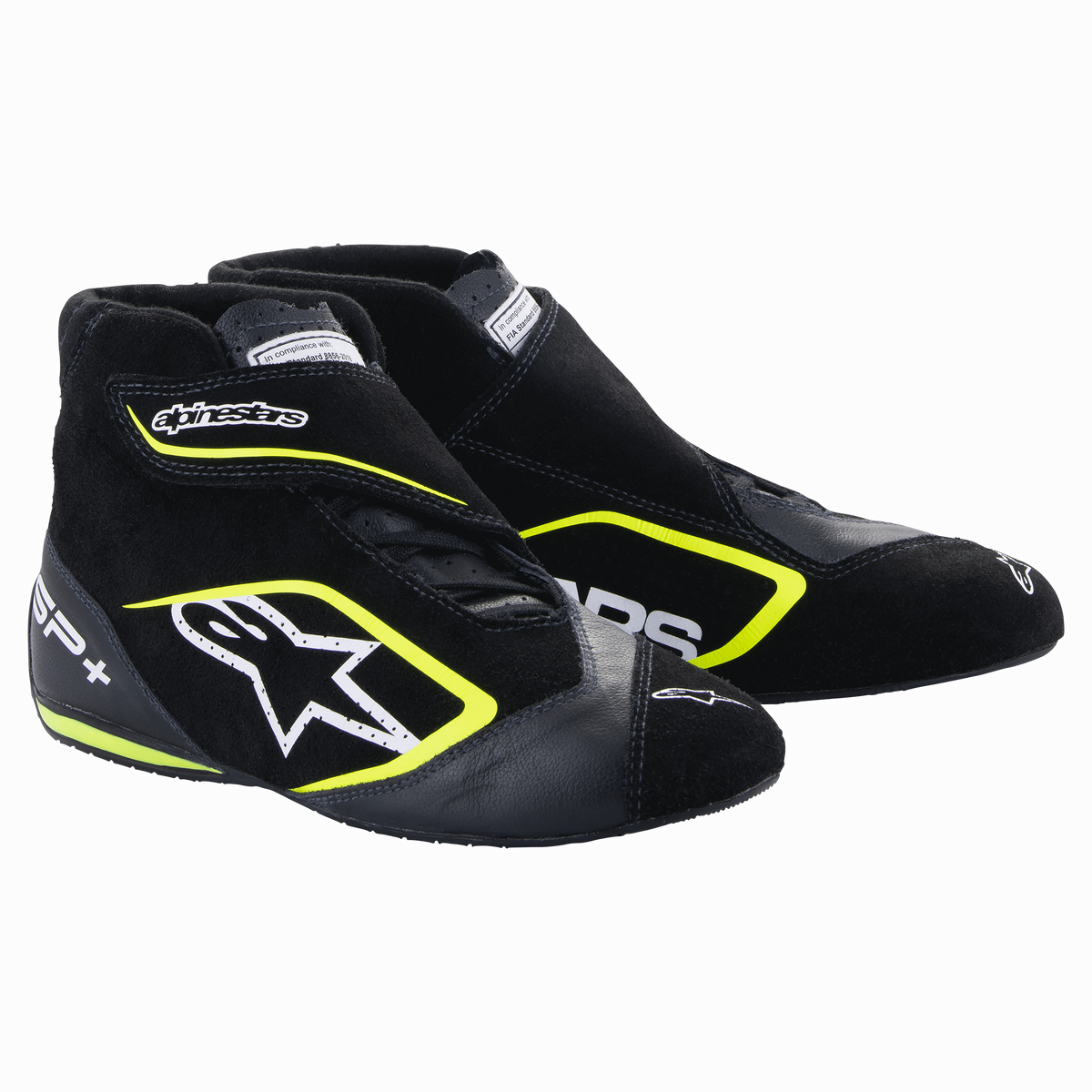 Alpinestars SP+ Shoes, racingskor för bilsport, svarta och neongula, högskaftad design med vit stjärnlogotyp och neongula detaljer, konstruktion i läder och mocka, tunna F1-inspirerade gummisulor, sportig motorsportestetik