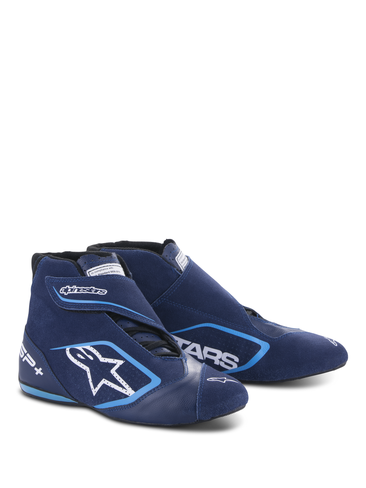 Alpinestars SP+ Shoes N, Auto Racing Shoes, Ultramarine Blue and Light Blue, high-top design with suede and leather construction, featuring a large white star logo and SP+ branding, aerodynamic shape for professional motorsport.