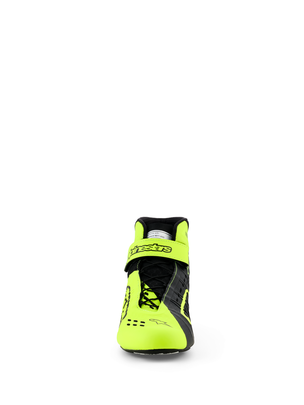 Alpinestars Tech-1 KX V3-skor, kartingskor, svart och gul fluo, vy framifrån som visar det asymmetriska snörningssystemet och justerbar vristrem med Alpinestars-logotyp, slimmad lättviktsdesign för FIA-certifierad racingprestanda