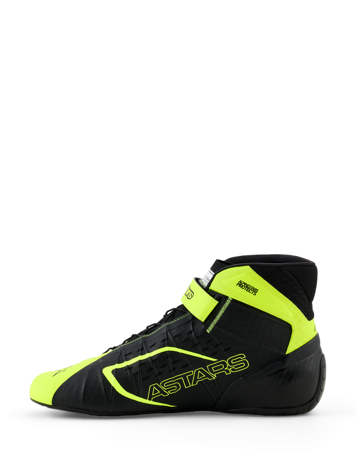 Alpinestars Tech-1 KX V3 kartingskor, svart och gul fluo, vy i sidoprofil som visar sömlös termosvetsad konstruktion, laserskurna perforeringar, klargula detaljer med ASTARS-profilering och justerbar ankelrem, slimmad motorsportdesign