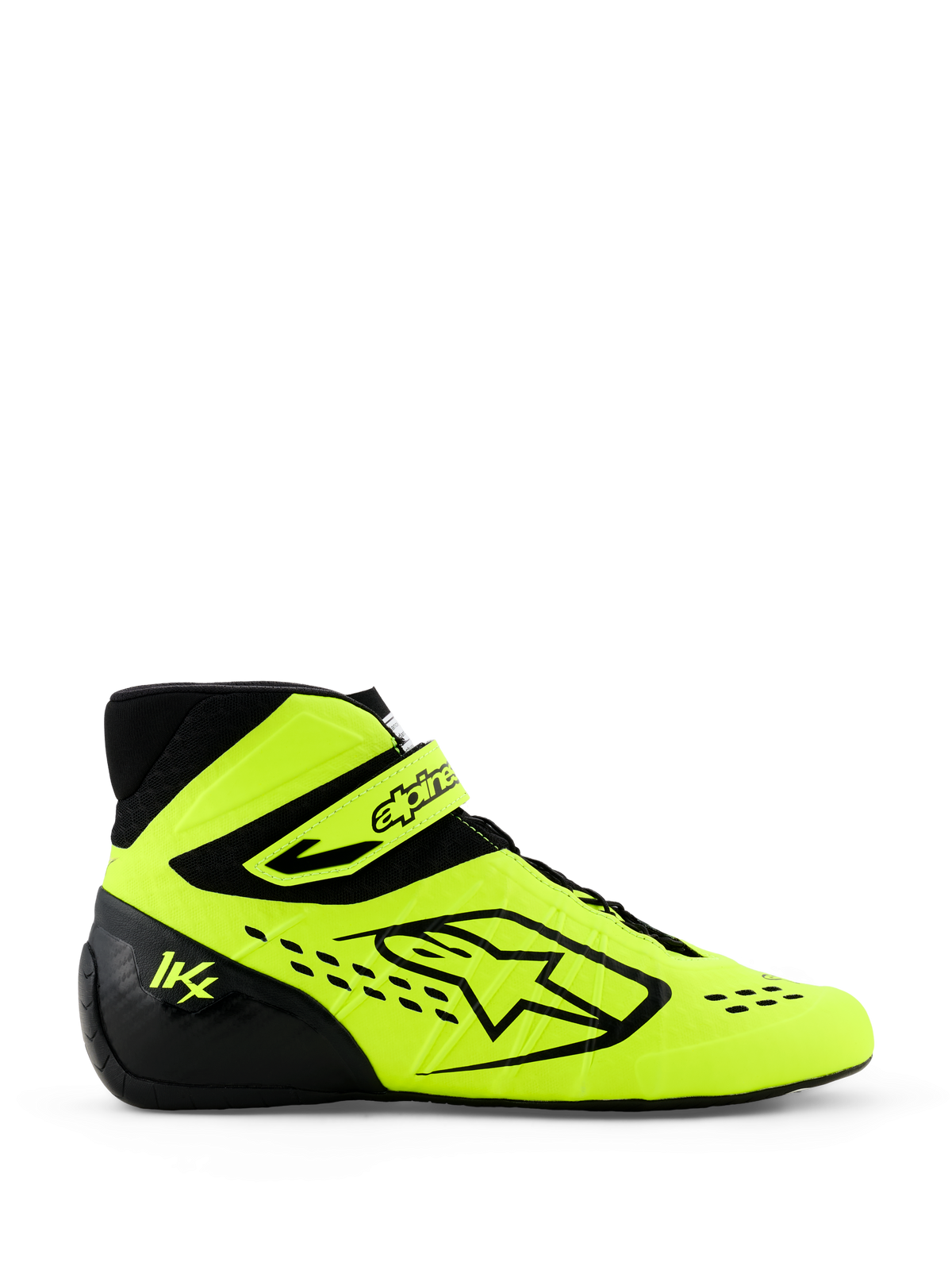 Alpinestars Tech-1 KX V3 kartingskor, gul fluo och svart, sidovy med tydlig Alpinestars-logotyp, justerbar vristrem och laserskurna perforeringar för andningsförmåga, professionella skor för motorsport.