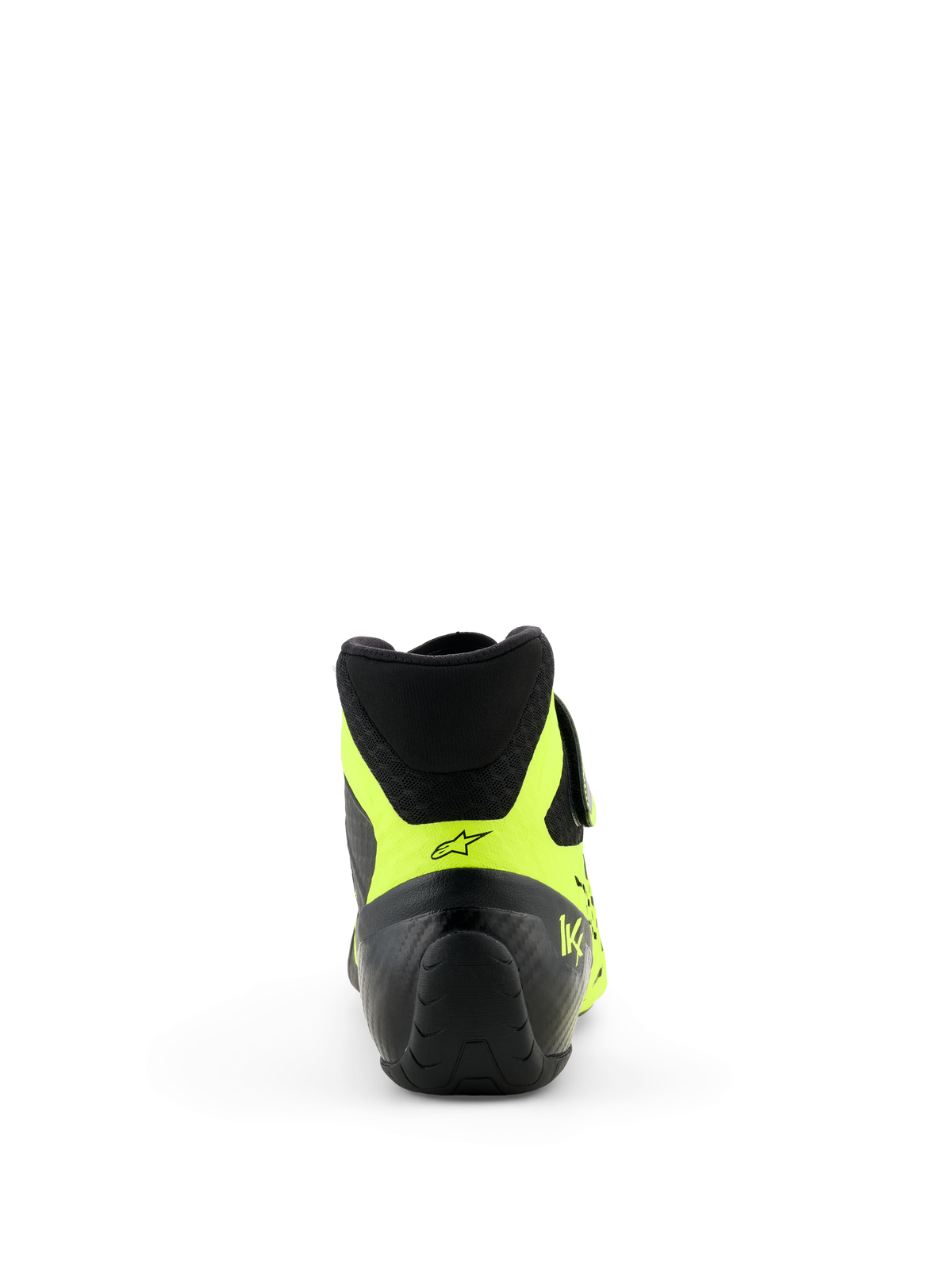 Alpinestars Tech-1 KX V3-skor - FIA, svart och neongul, vy bakifrån med fokus på hälen, neongula detaljer med svart stjärnlogotyp och KX-märkning, professionella kartingskor