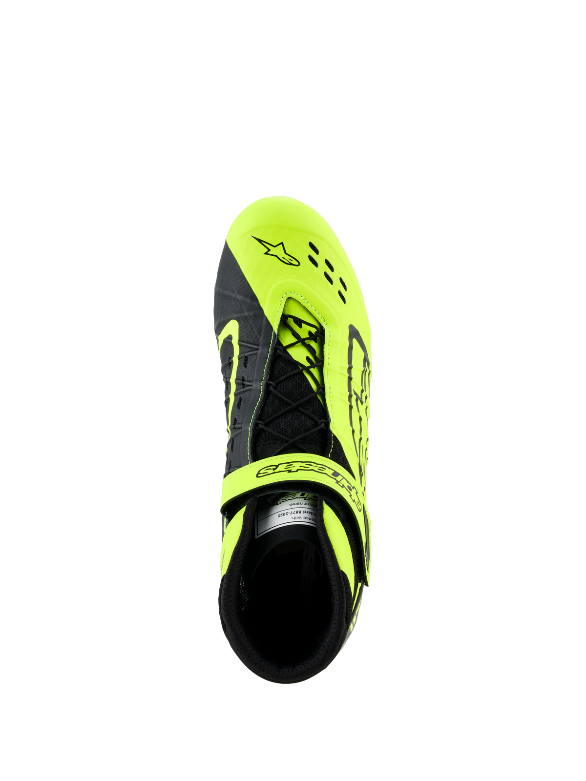 Alpinestars Tech-1 KX V3-skor, kartingskor, svart och neongul, vy uppifrån som visar asymmetriskt snörningssystem och justerbar rem, med laserutskurna perforeringar för andningsförmåga, designade för karting