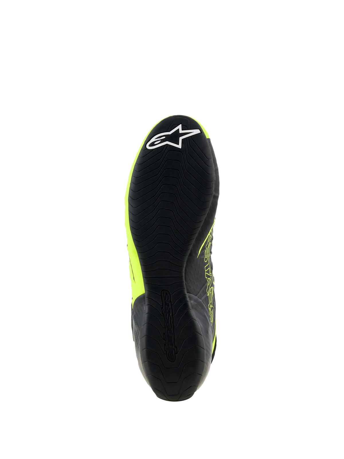 Alpinestars Tech-1 KX V3-skor, kartingskor, svart och neongul, undersida av den tunna gummisulan med texturerat greppmönster och vit stjärnlogotyp på hälen, designade för motorsportprestanda