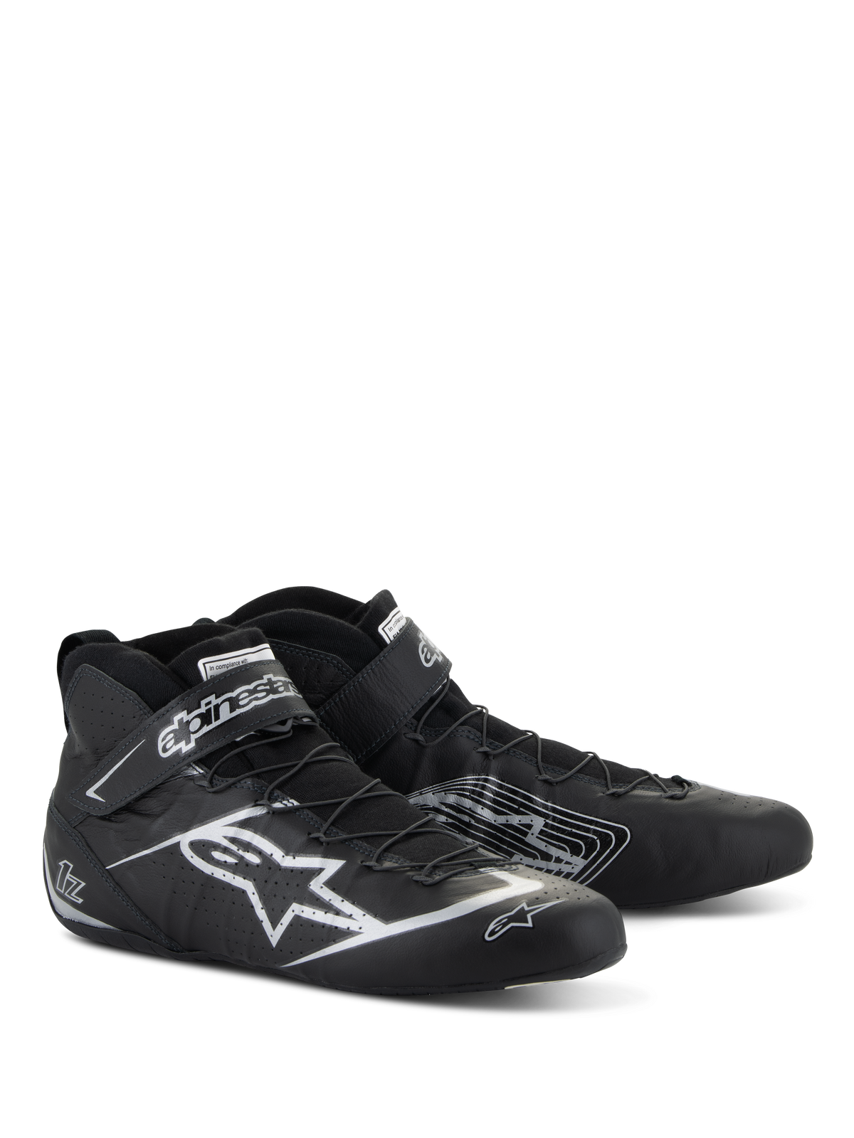 Alpinestars Tech-1 Z V3-skor FIA, bilsportskor, svart och silver, premium nötläder med silverfärgad Alpinestars stjärnlogotyp, smidig låg profil med snabbsnörning och kardborreband