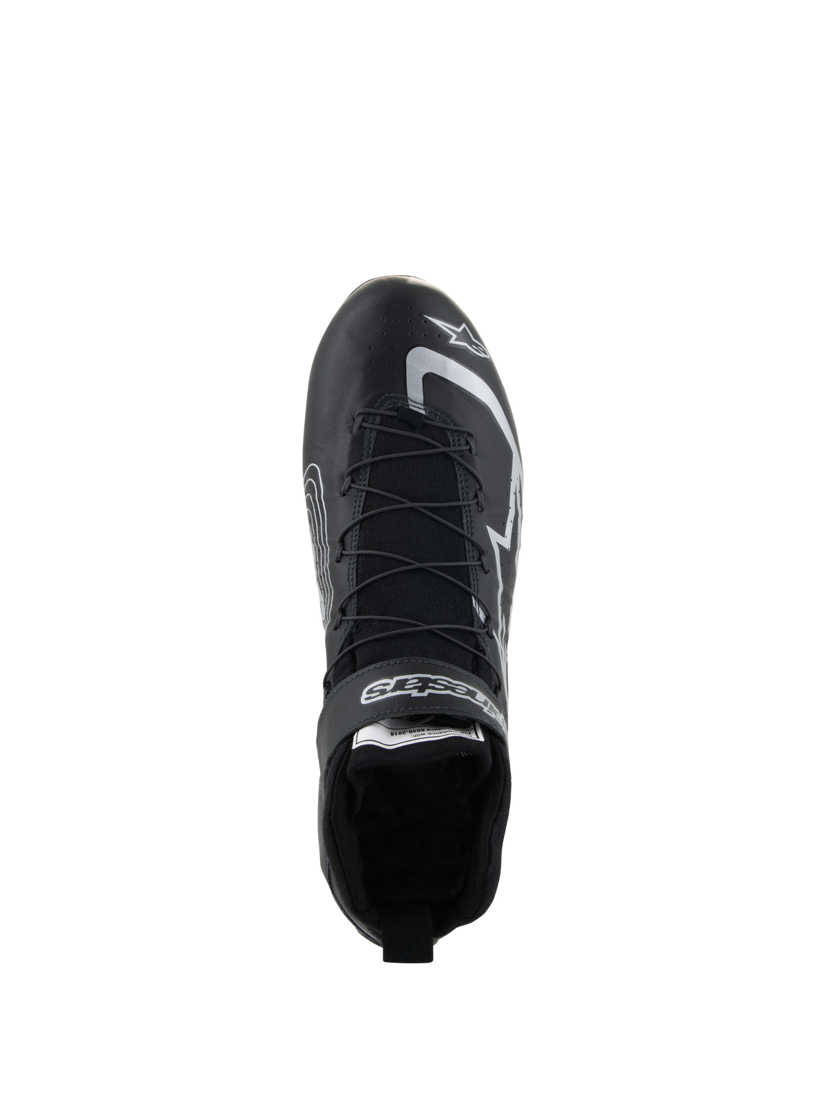 Alpinestars Tech-1 Z V3 FIA-skor, racingskor för bilsport, svarta och silverfärgade, vy uppifrån som visar snabbsnörningssystemet och Alpinestars-branding, professionella motorsportskor i premium nötläder