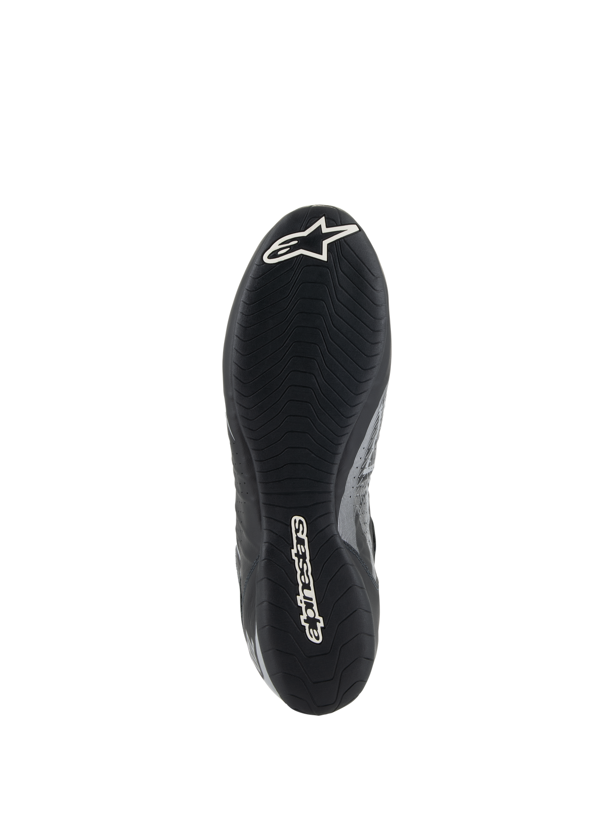 Alpinestars Tech-1 Z V3-skor FIA, vy av sulan på racingskon i Black Silver, med F1-inspirerad tunn gummiyttersula med asymmetriskt mönster, vit branding inklusive Astar-logotyp och Alpinestars ordmärke.