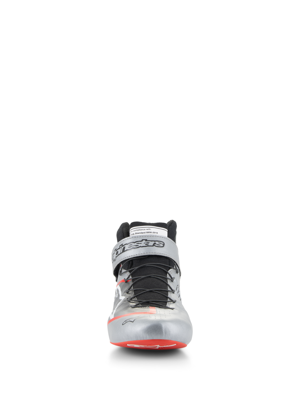 Alpinestars Tech-1 Z V3 Shoes FIA, Auto Racing Shoes, Dark Silver Black and Red, front view featuring a metallic silver leather upper, black speed lacing system, red accents on the toe, Alpinestars branding on the ankle strap, and FIA homologation label on the tongue