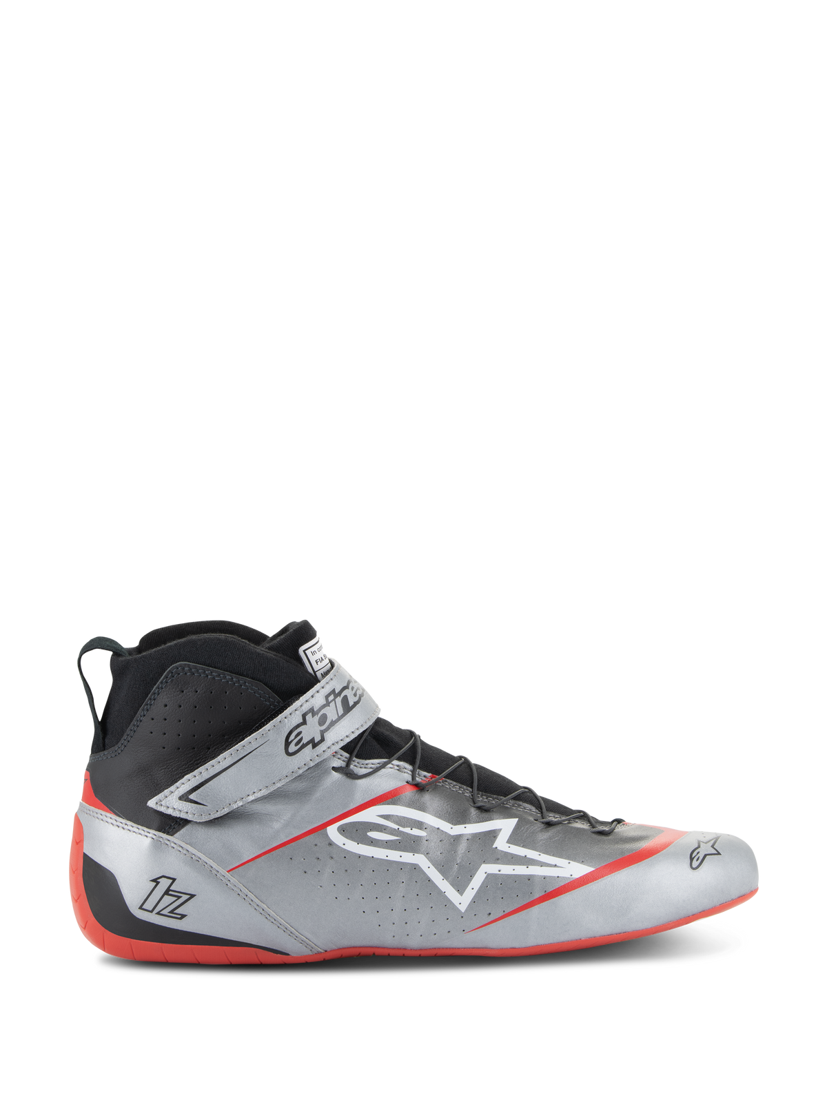 Alpinestars Tech-1 Z V3 FIA Racing Shoes, Dark Silver with Black and Red accents, high-top design featuring a white star logo, red sole, perforated leather for ventilation, and Velcro strap closure