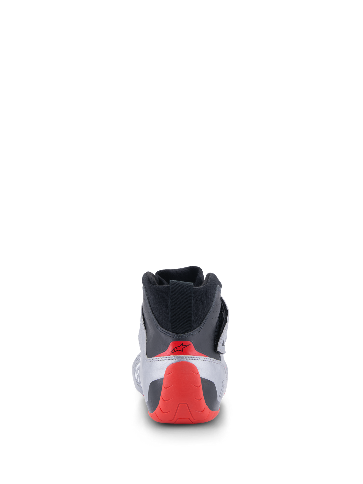 Alpinestars Tech-1 Z V3 Shoes FIA, Auto Racing Shoes, Rear view in Dark Silver Black and Red, featuring a red thermo-formed heel cup and black knitted collar, professional motorsport footwear