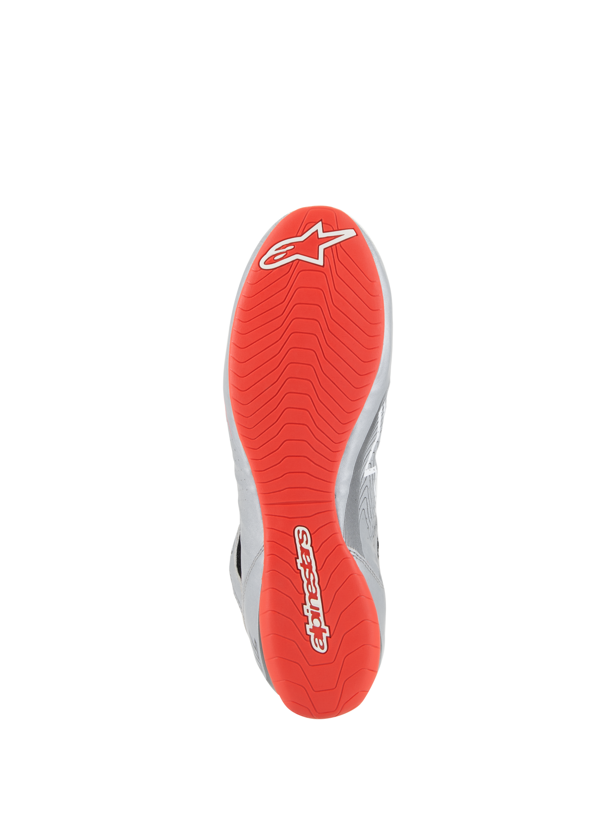 Alpinestars Tech-1 Z V3 Shoes FIA, Auto Racing Shoes, Dark Silver Black Red, Bottom view showing the bright red rubber outsole with white Alpinestars logos, textured asymmetric tread pattern for grip, silver leather accents on the side