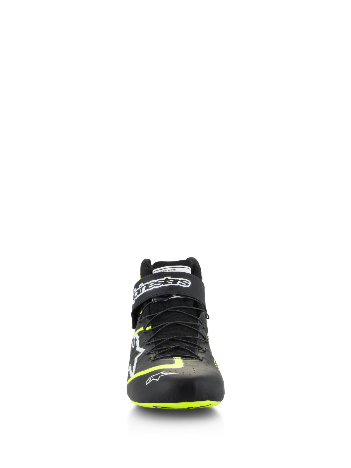 Alpinestars Tech-1 Z V3 Shoes FIA, Auto Racing Footwear, Black and Yellow Fluo, front view, featuring a dual-closure speed lacing system and branded ankle strap, bright yellow accents on the toe and sole, premium leather construction.