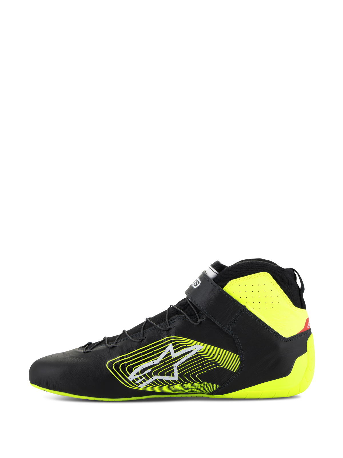 Alpinestars Tech-1 Z V3 Shoes FIA, Auto Racing Shoes, Black and Yellow Fluo, side profile view, premium leather upper with speed lacing and ankle strap, bold yellow graphic logo on the side, fluorescent yellow heel and collar accents