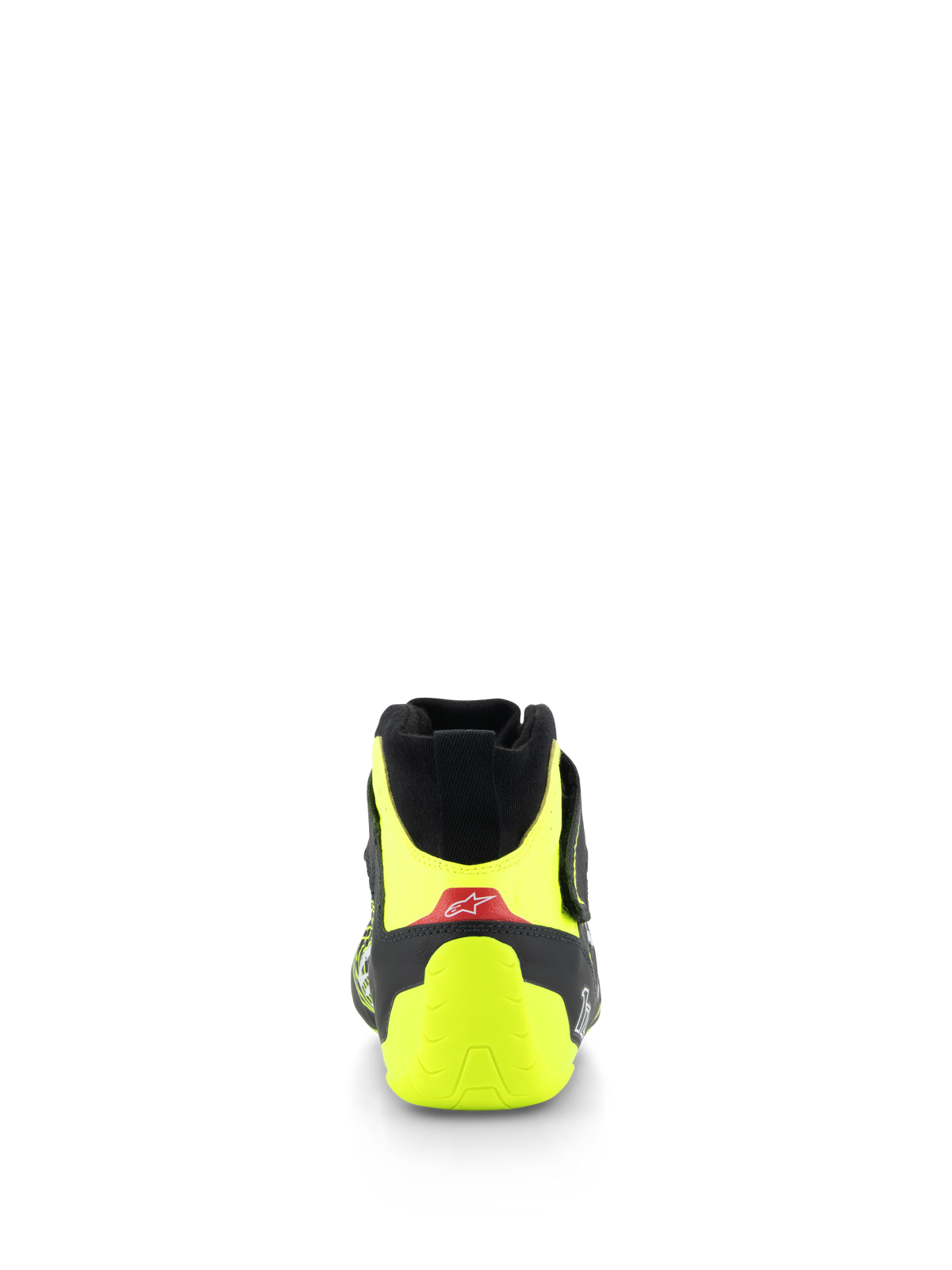 Alpinestars Tech-1 Z V3 Shoes FIA, Auto Racing Shoes, Black and Yellow Fluo, Rear view showing fluorescent yellow heel counter and red accent with white logo, professional motorsport footwear