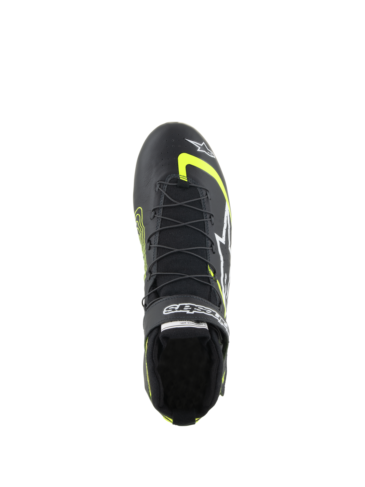 Alpinestars Tech-1 Z V3 Shoes FIA, Auto Racing Shoes, Black and Yellow Fluo, top-down view showing dual-closure speed lacing system, Velcro strap with branding, and premium leather construction for professional motorsport.