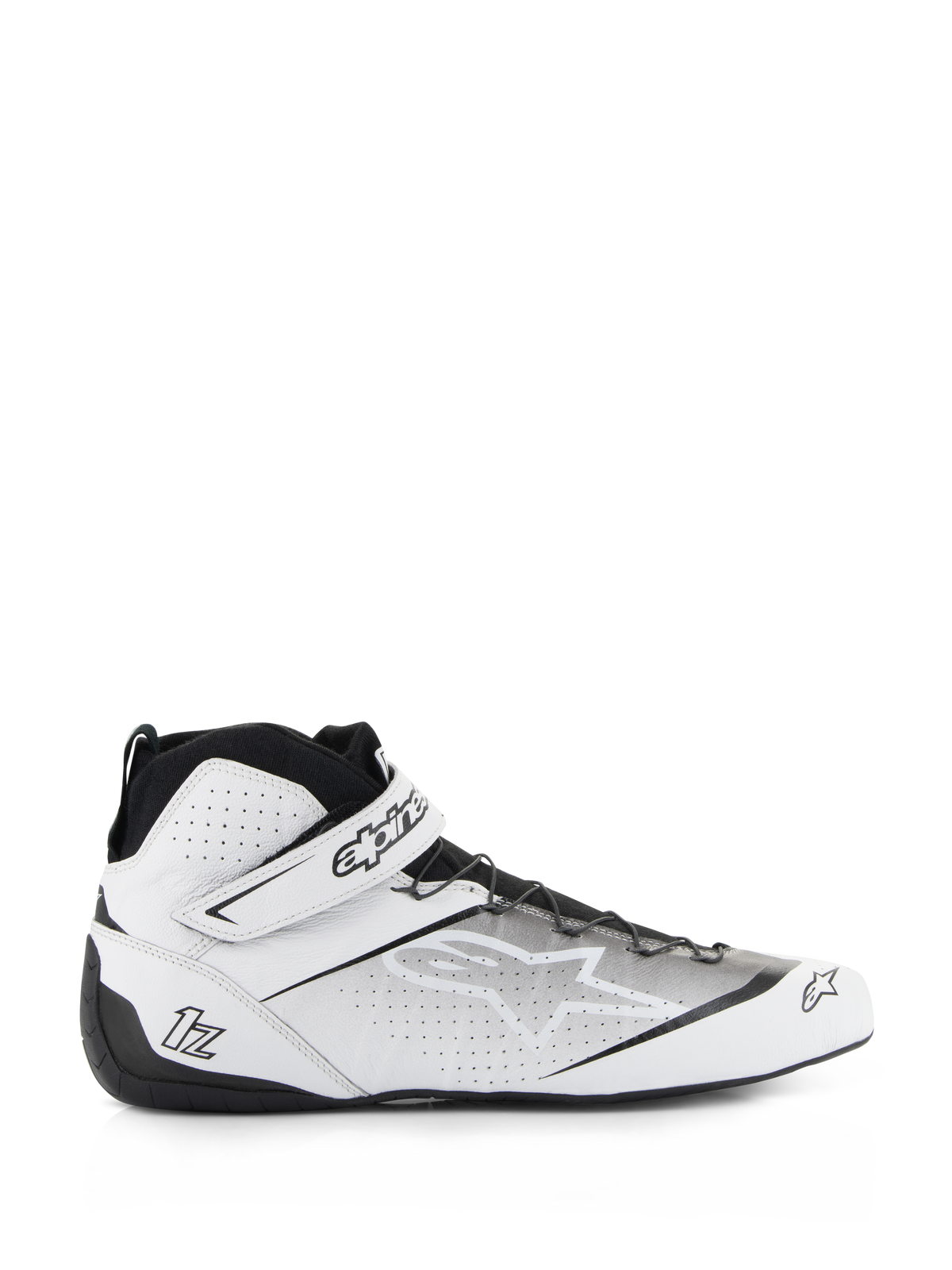 Alpinestars Tech-1 Z V3 Shoes FIA, Auto Racing Shoes, White and Black, high-top design with perforated leather upper, strap closure featuring Alpinestars branding, thin rubber sole for pedal sensitivity, sleek motorsport profile