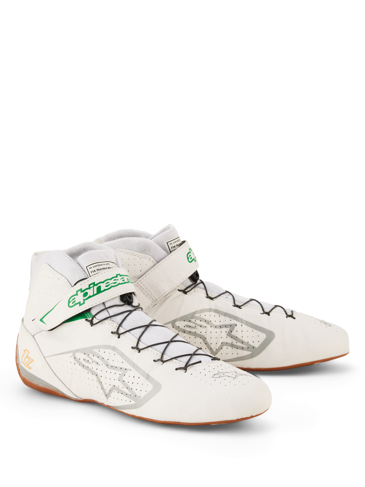 Alpinestars Tech-1 Z V3-skor FIA, racingskor i vitt, grönt, naturgummi och silver, överdel i perforerat nötläder, snabbsnörningssystem med grönt kardborreband med logotyp, tunn naturgummisula för optimal pedalkänsla, professionella skor för motorsport