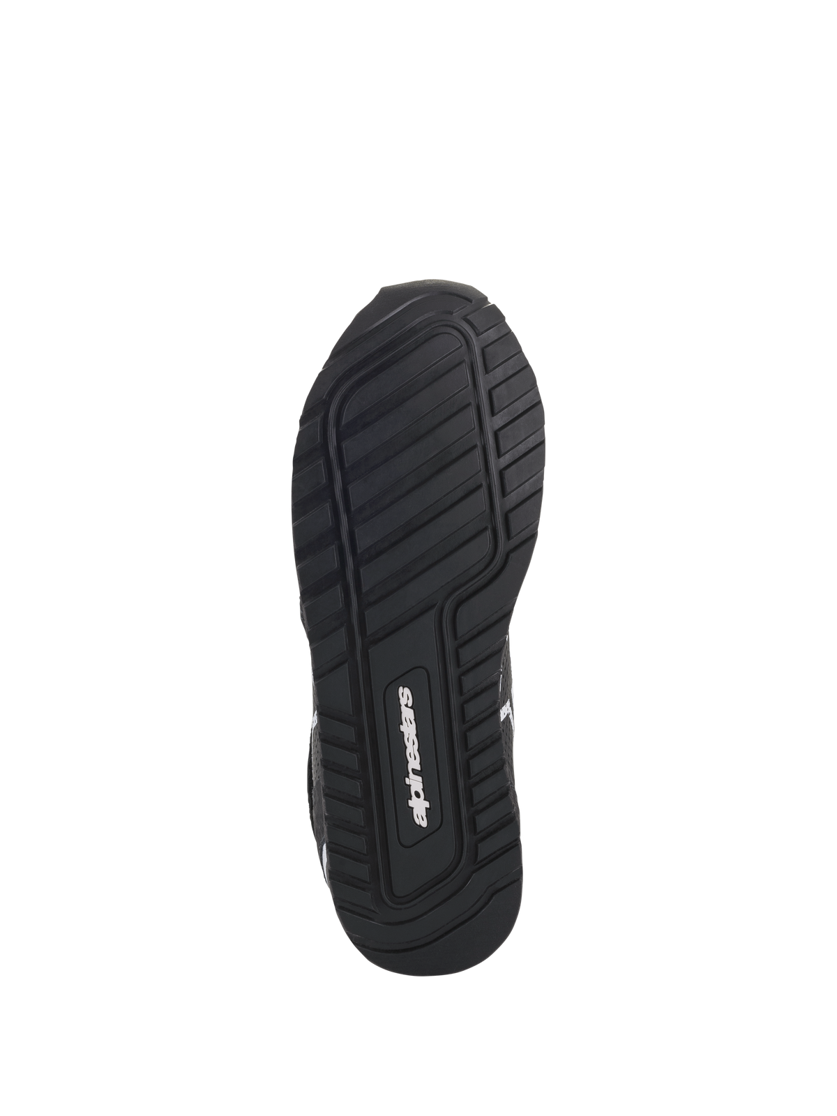 Alpinestars Radar-skor, svarta och vita, vy underifrån som visar den exklusiva sulan i gummiblandning med mönstrat slitbanemönster för grepp och stabilitet, med Alpinestars-logotypen i mitten.