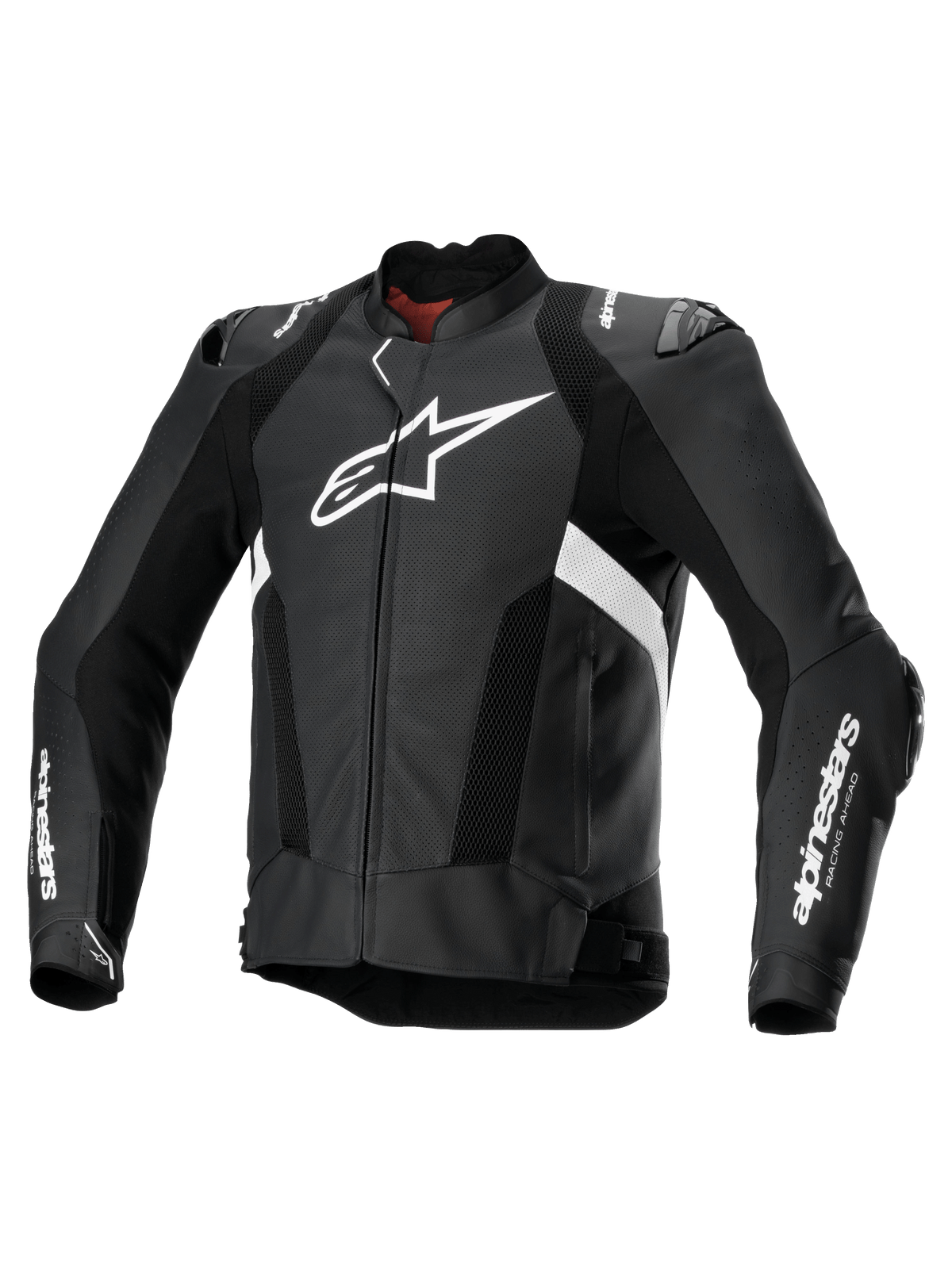 Alpinestars Missile V3 Airflow skinjacka, perforerad motorcykeljacka i svart och vitt, premium nötläder, CE-certifierad med skydd och Tech-Air-kompatibilitet