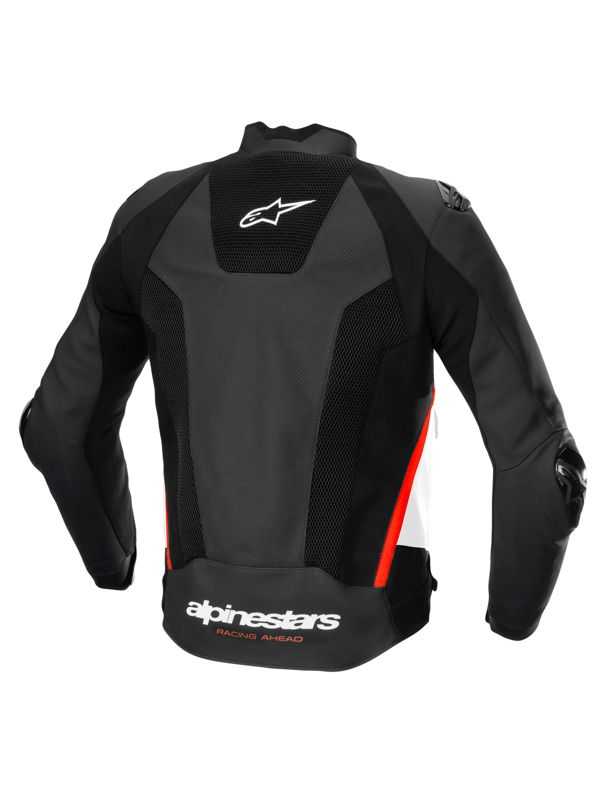 Alpinestars Missile V3 Airflow läderjacka, herr racing- och sportmotorcykeljacka, baksida, svarta med vita och röda fluo-detaljer, perforerad läderkonstruktion