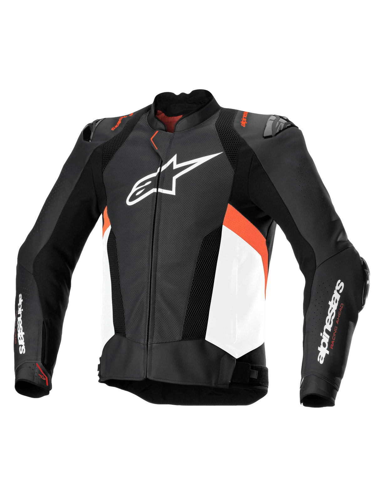 Alpinestars Missile V3 Airflow läderjacka, svart, vit och röd fluo, perforerad läderkonstruktion för MC-racing, CE-certifierad