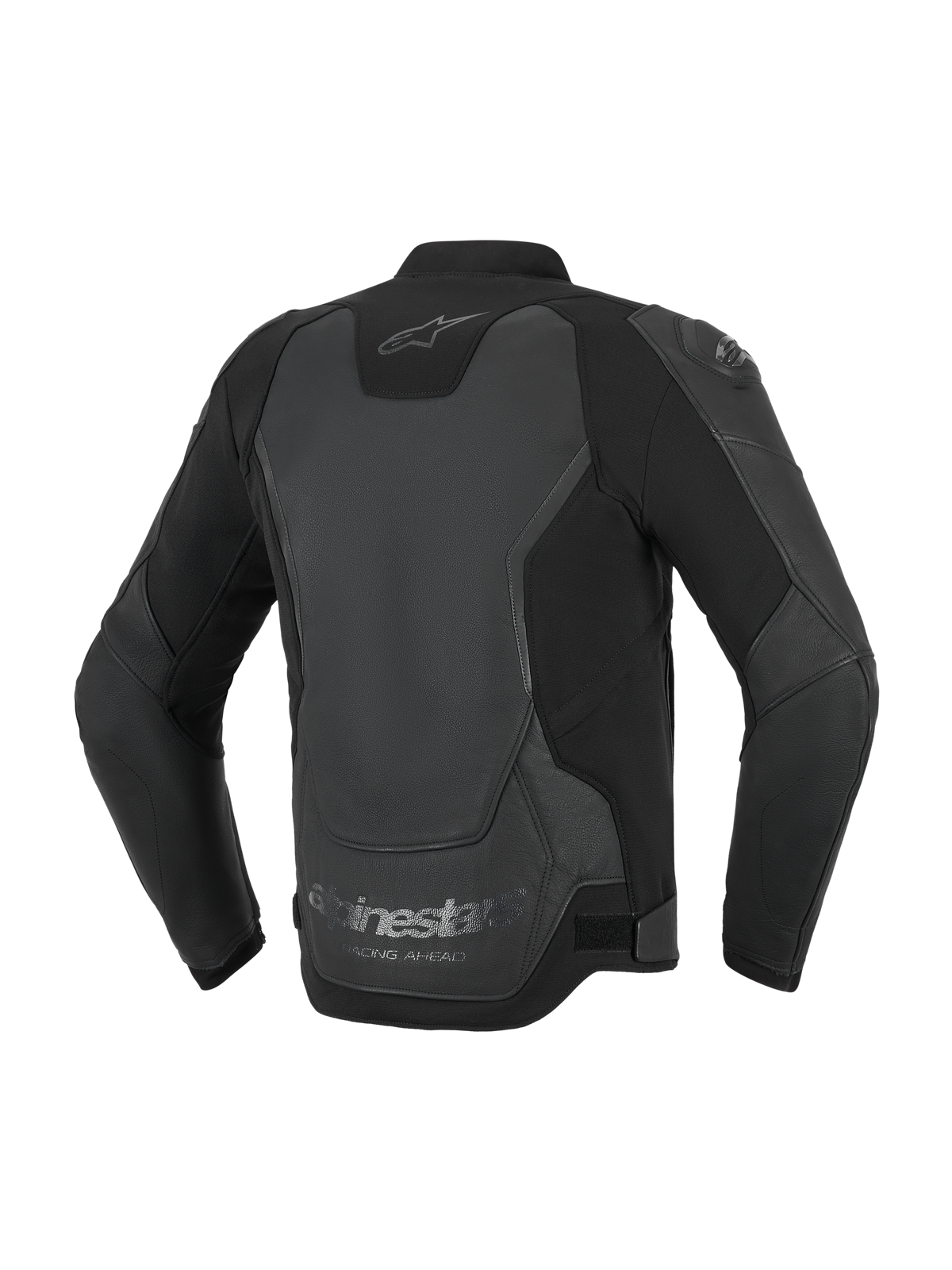 Alpinestars GP Force V2 läderjacka, motorcykeljacka, svart, ryggvy som framhäver flerpanelskonstruktion i läder och textil, med Alpinestars-logotyp på nacken och 'Racing Ahead'-branding vid den nedre fållen.