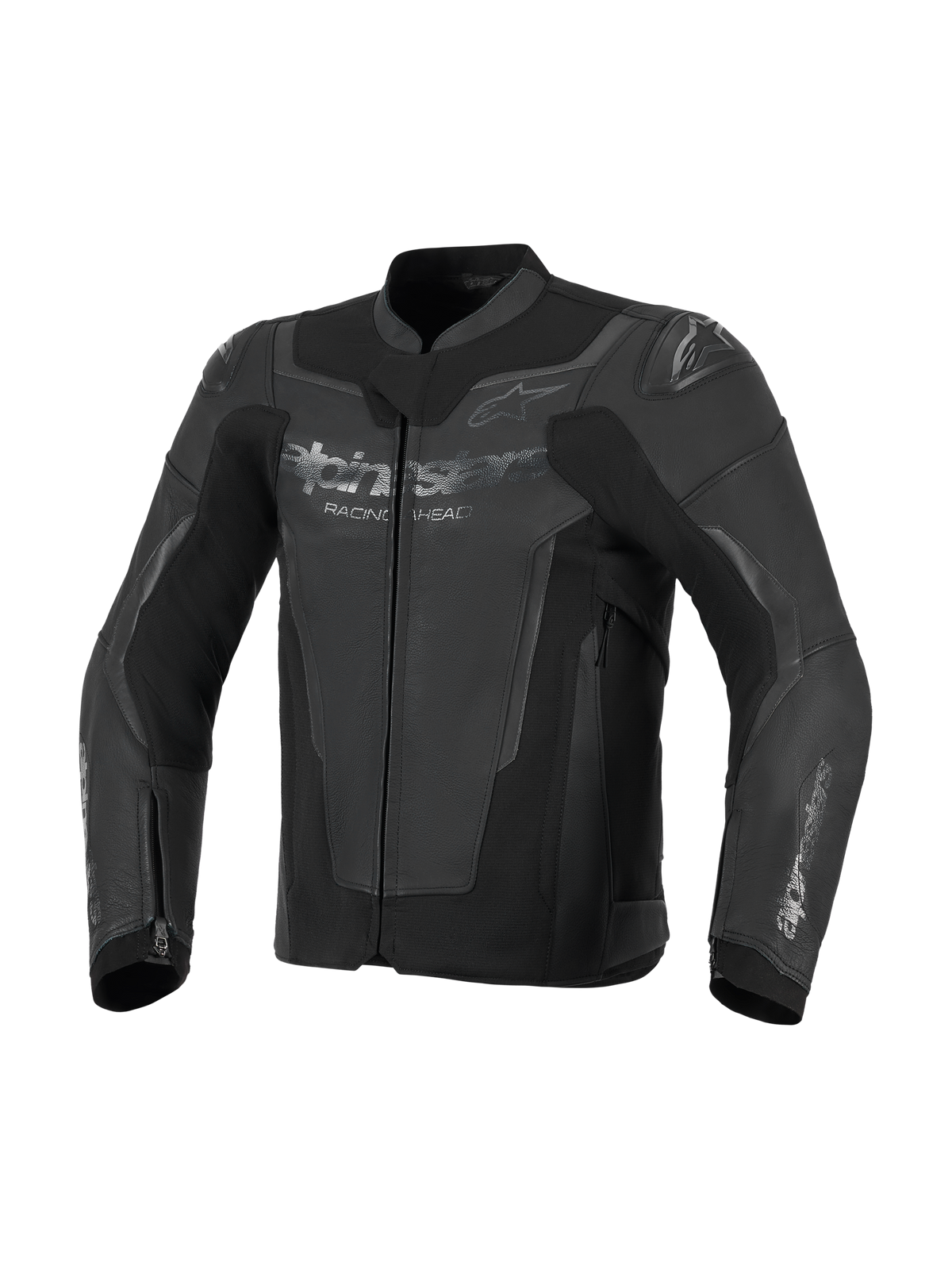 Alpinestars GP Force V2 läderjacka, svart, konstruktion i premium nötläder med stretchpaneler, med integrerade GP Lite Evo DFS-axelskydd och Alpinestars-logotyper på bröstet och ärmarna, sportig motorcykelutrustning