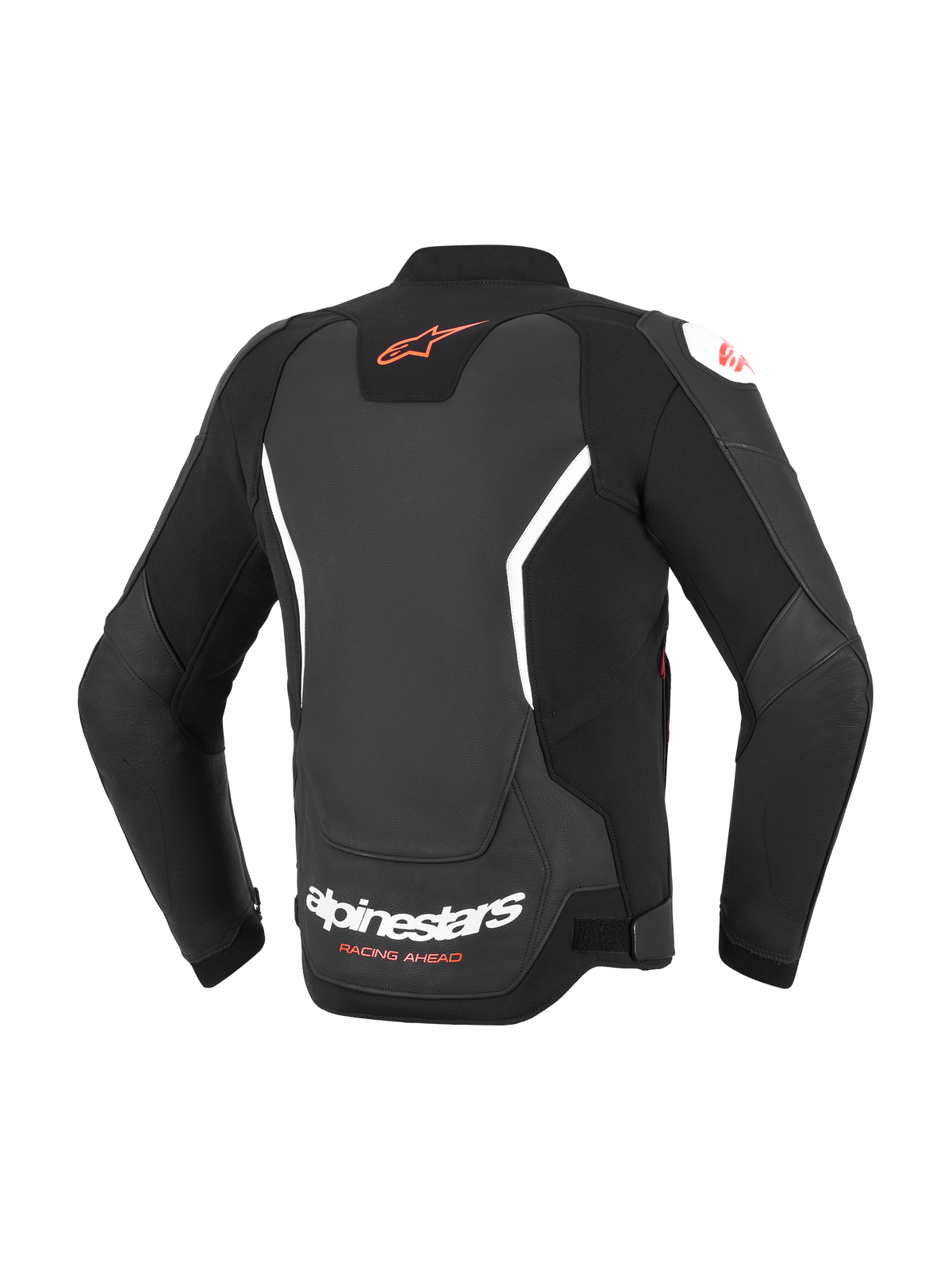 Alpinestars GP Force V2 läderjacka, svart med vita och röda detaljer, vy bakifrån som visar röd Astar-logotyp på övre ryggen och vit Alpinestars-logotyp på nedre ryggen, motorcykeljacka i läder med sportpassform och dragspelsstretchpaneler.
