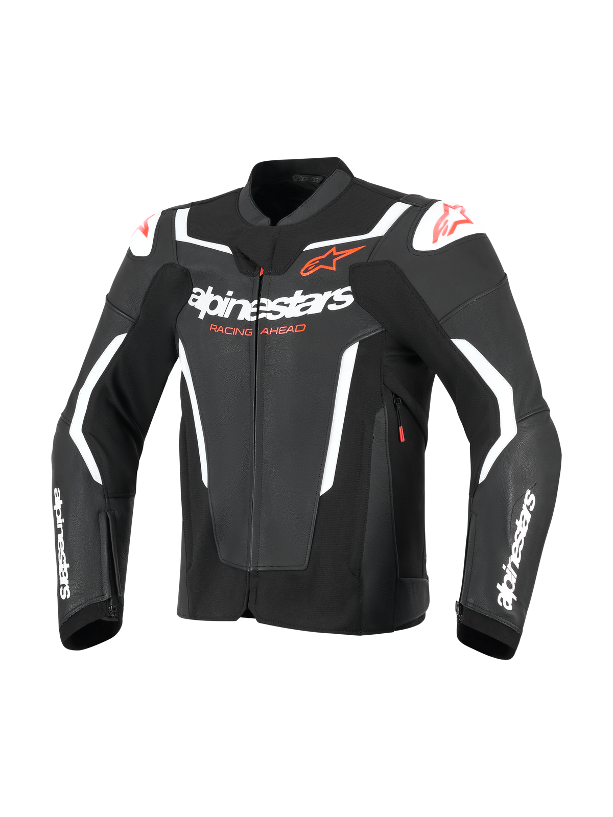 Alpinestars GP Force V2 läderjacka, sportmotorcykeljacka, svart och vit, med framträdande vit Alpinestars-logotyp på bröstet och ärmarna, röda stjärnlogotyper och externa axelskydd, professionell racinginspirerad läderdesign.