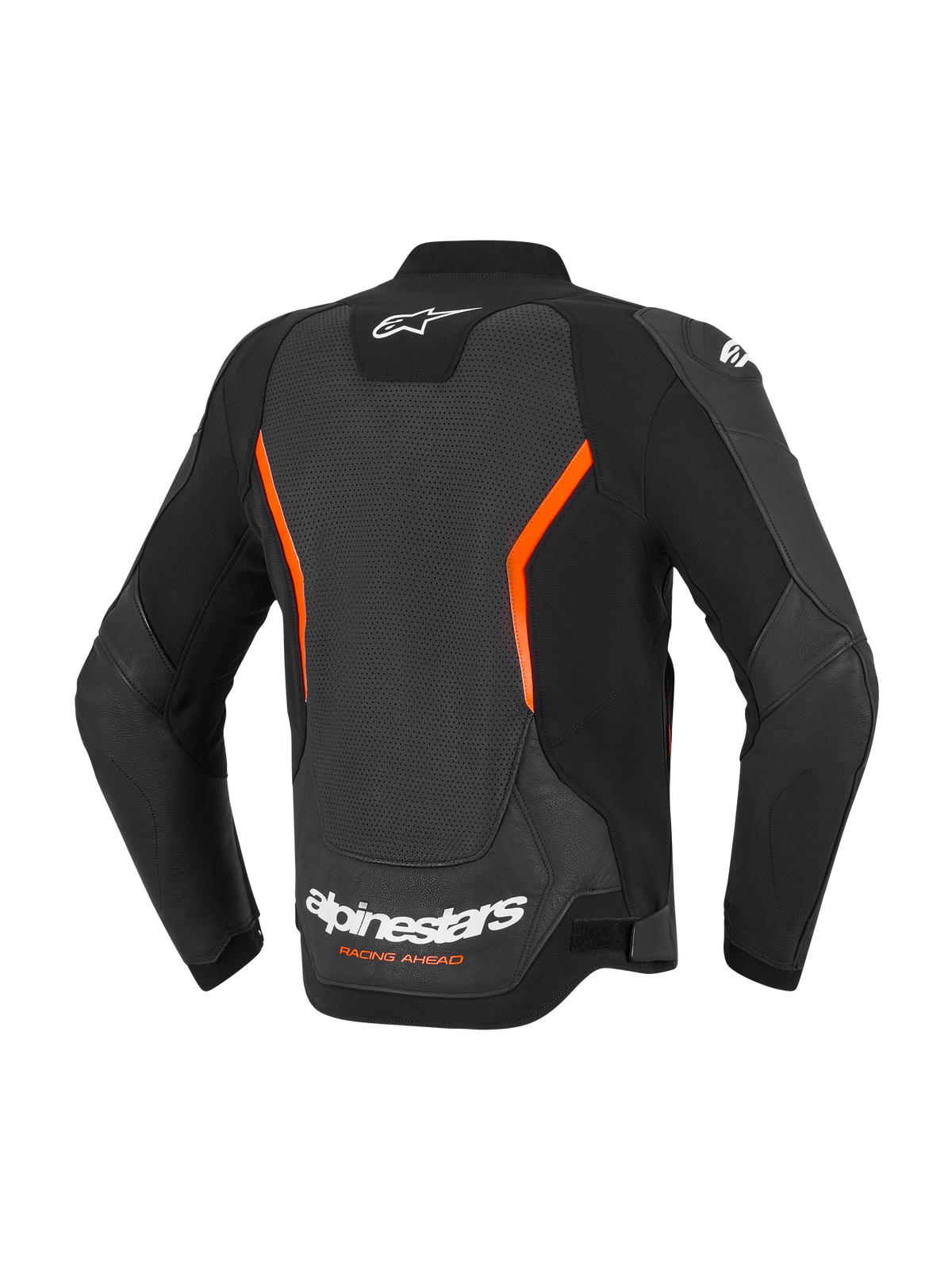 Alpinestars GP Force V2 Air läderjacka, ryggvy, svart och röd fluo, stor perforerad ryggpanel för luftflöde, vit Alpinestars-logotyp och 'Racing Ahead'-text på nedre delen av ryggen, ergonomiska förböjda ärmar.